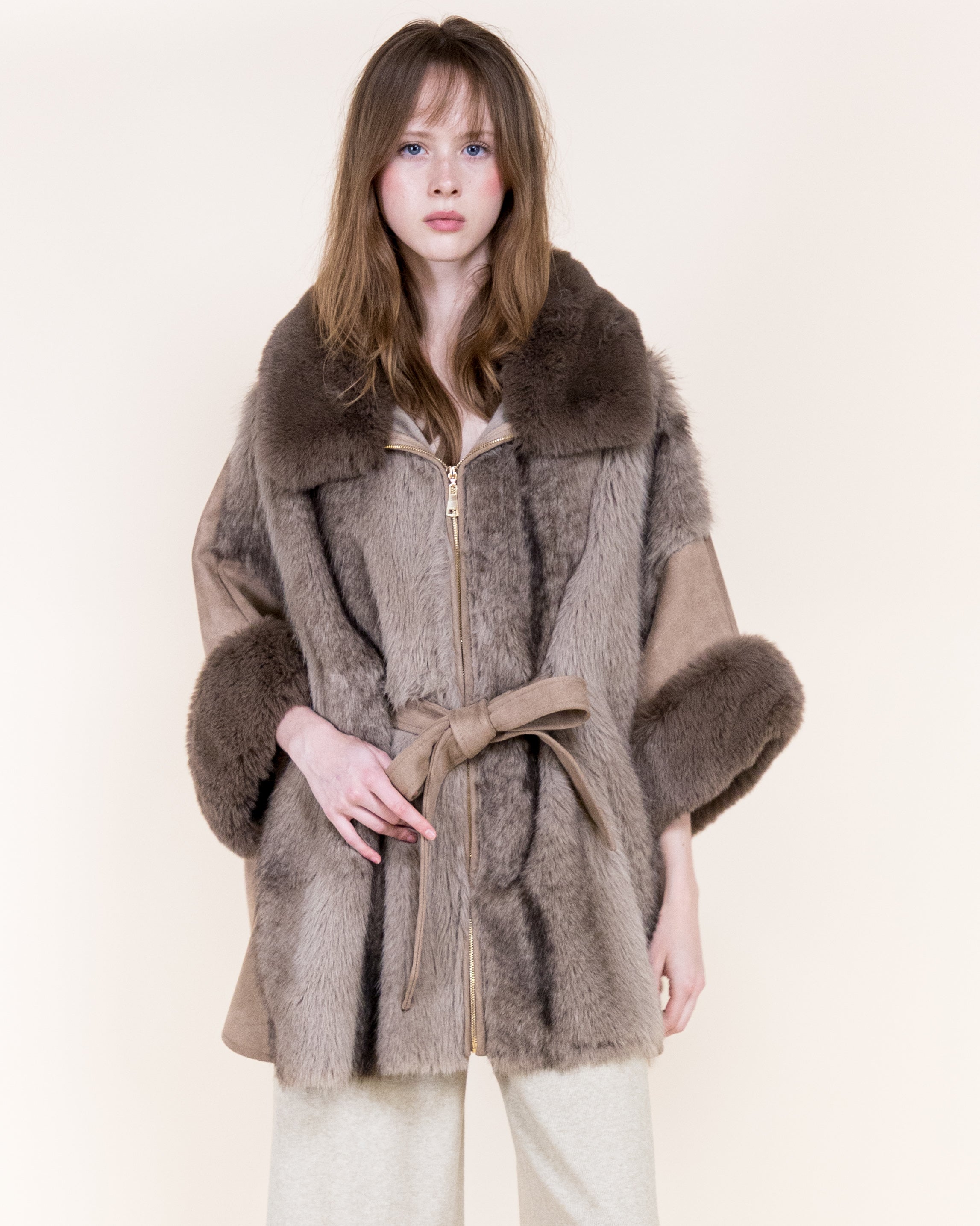 Striped Vegan Fur Neck Toggle Suede Belted Cape - KHAKI (OS) (Pack of 6)