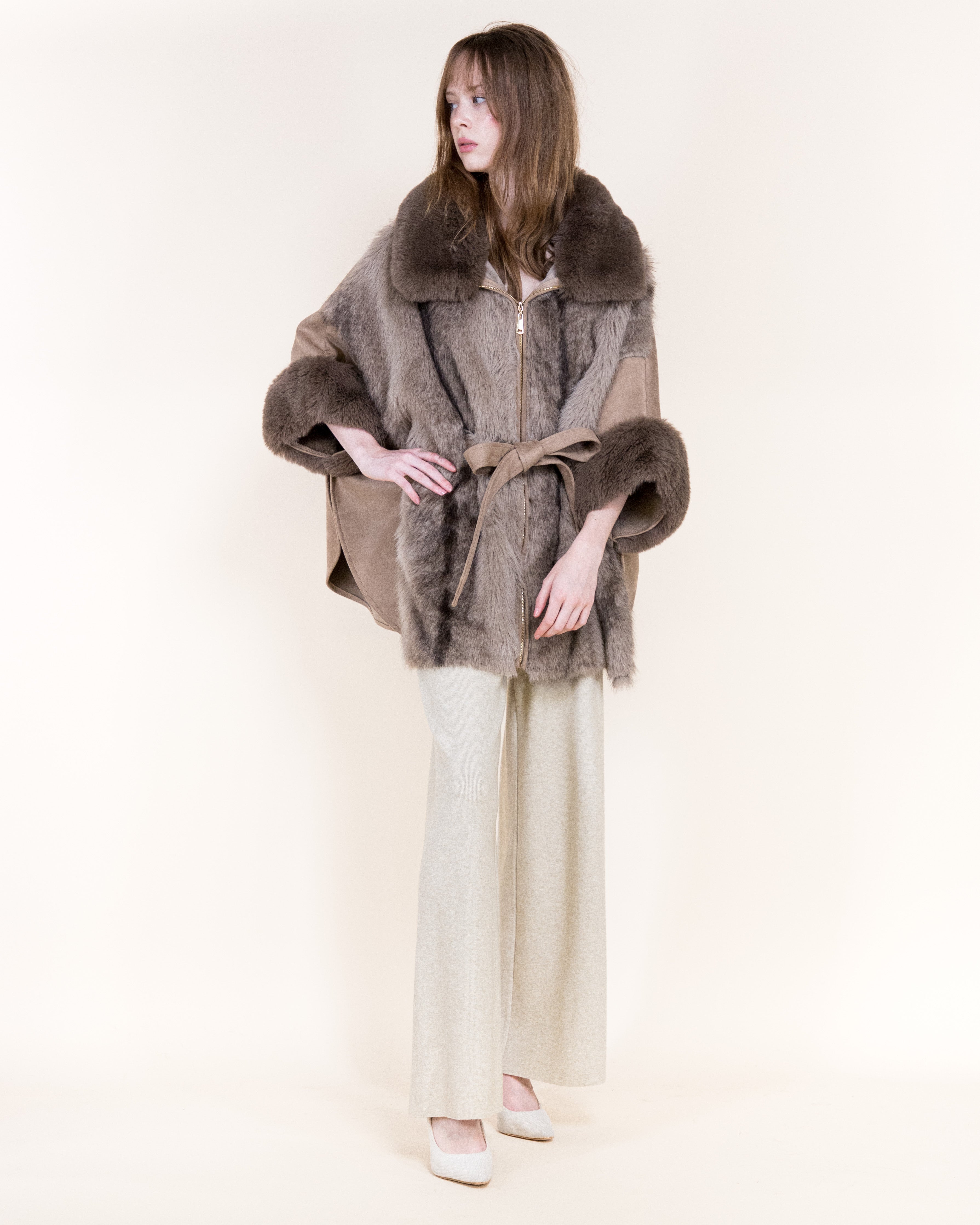 Striped Vegan Fur Neck Toggle Suede Belted Cape - KHAKI (OS) (Pack of 6)