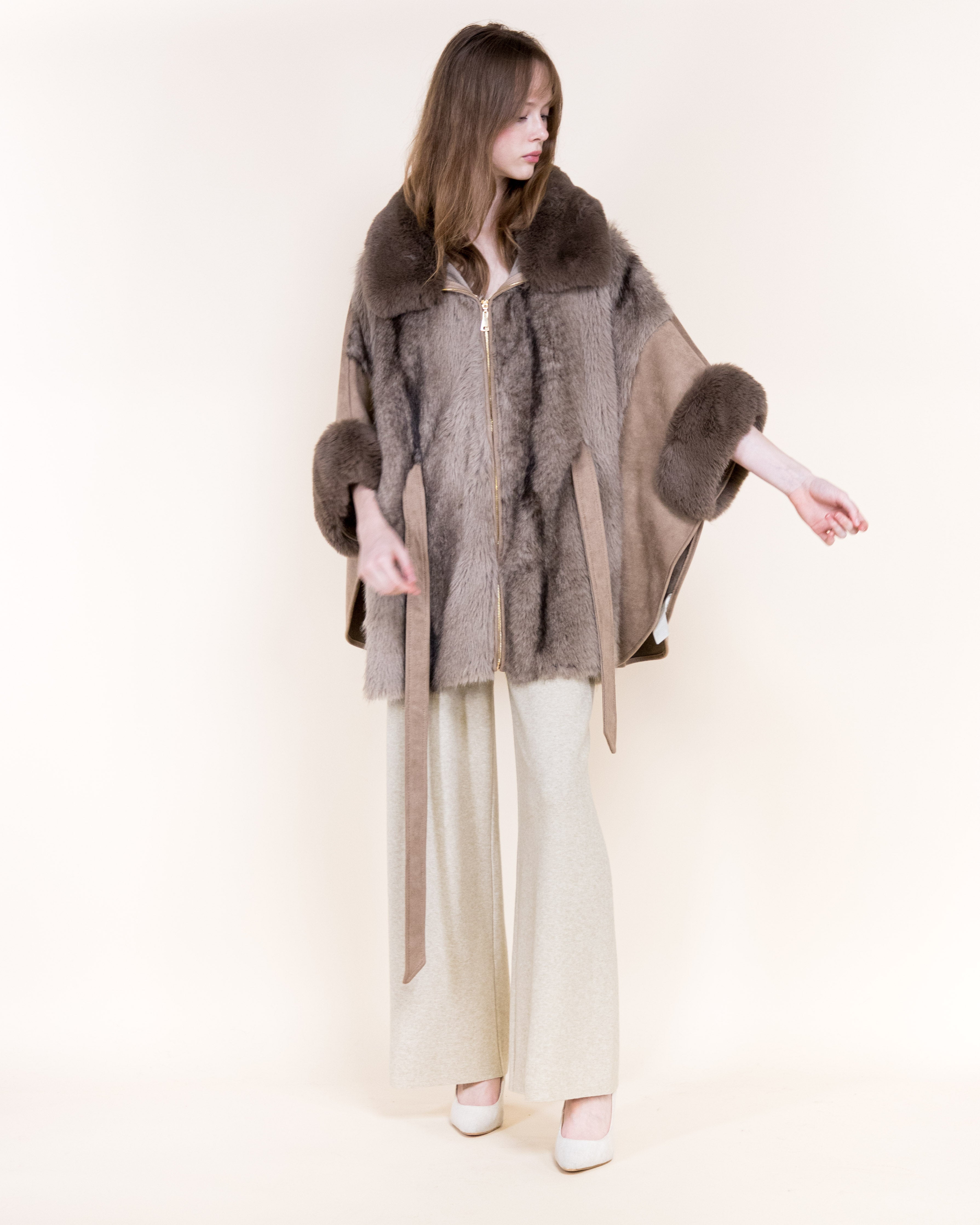 Striped Vegan Fur Neck Toggle Suede Belted Cape - KHAKI (OS) (Pack of 6)
