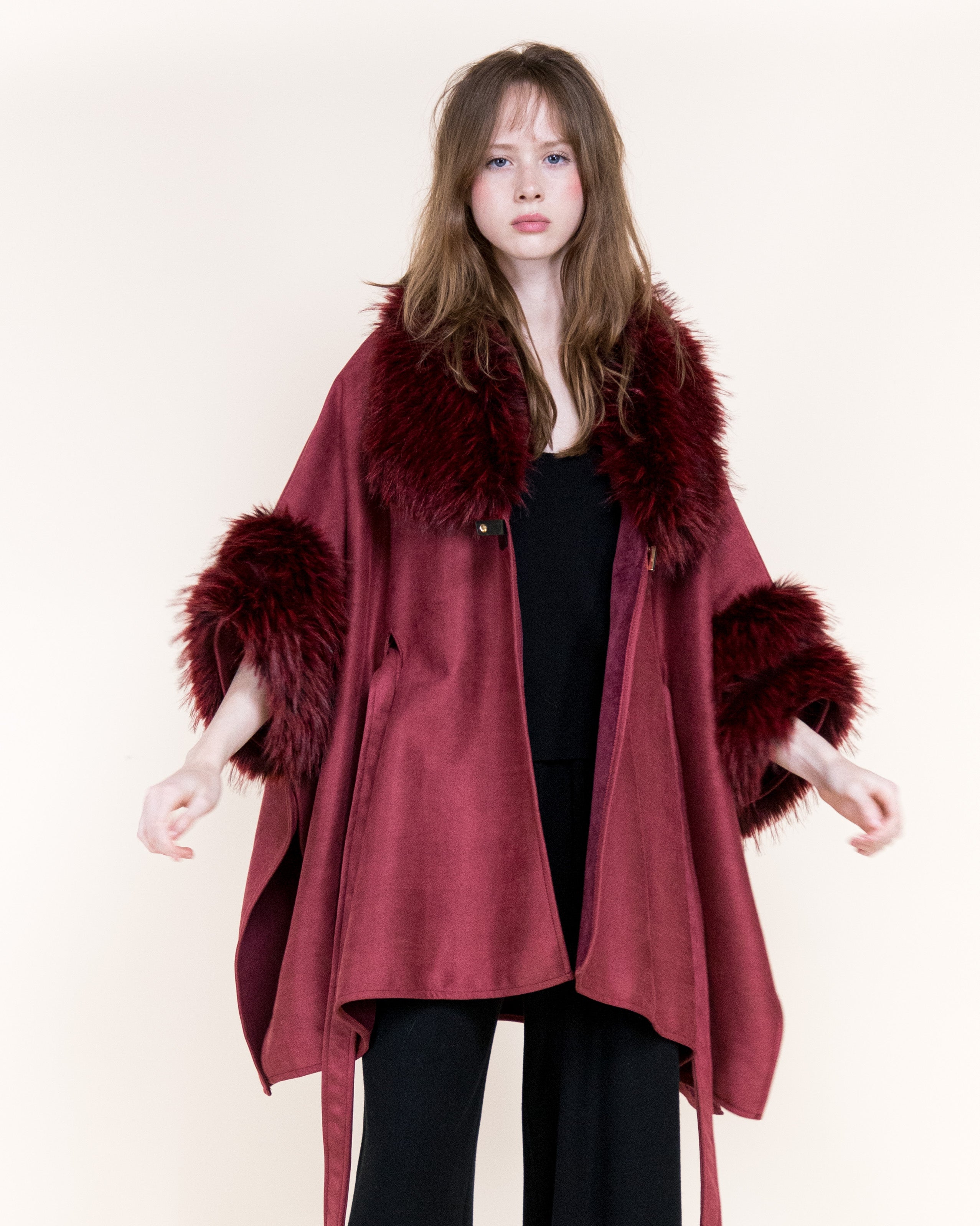 Highland Vegan Fur Neck Toggle Suede Belted Cape - BEIGE (OS) (Pack of 6)