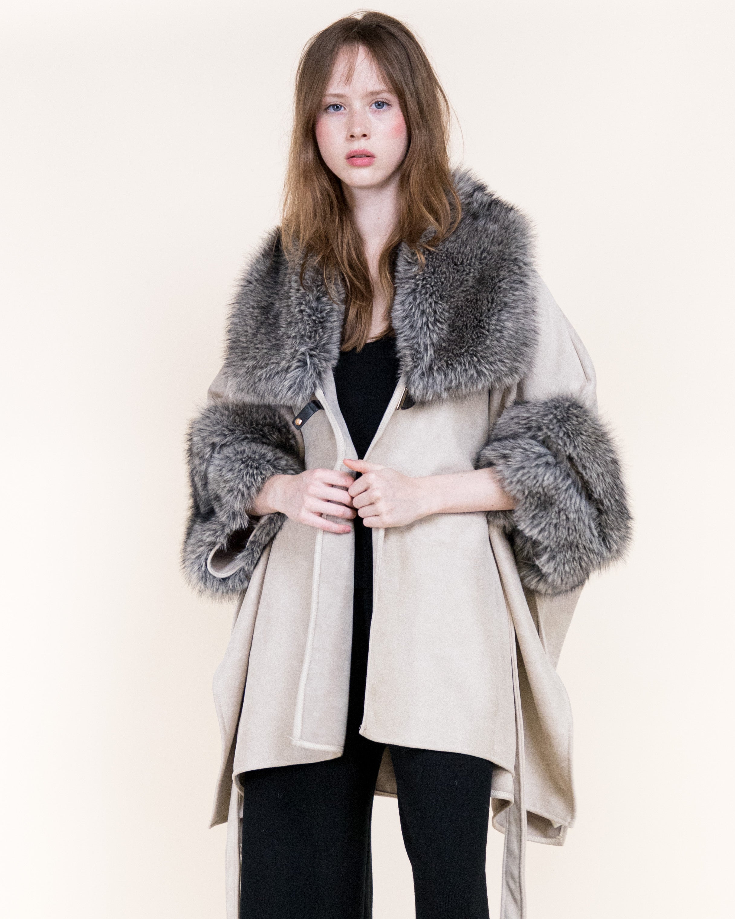Highland Vegan Fur Neck Toggle Suede Belted Cape - BEIGE (OS) (Pack of 6)