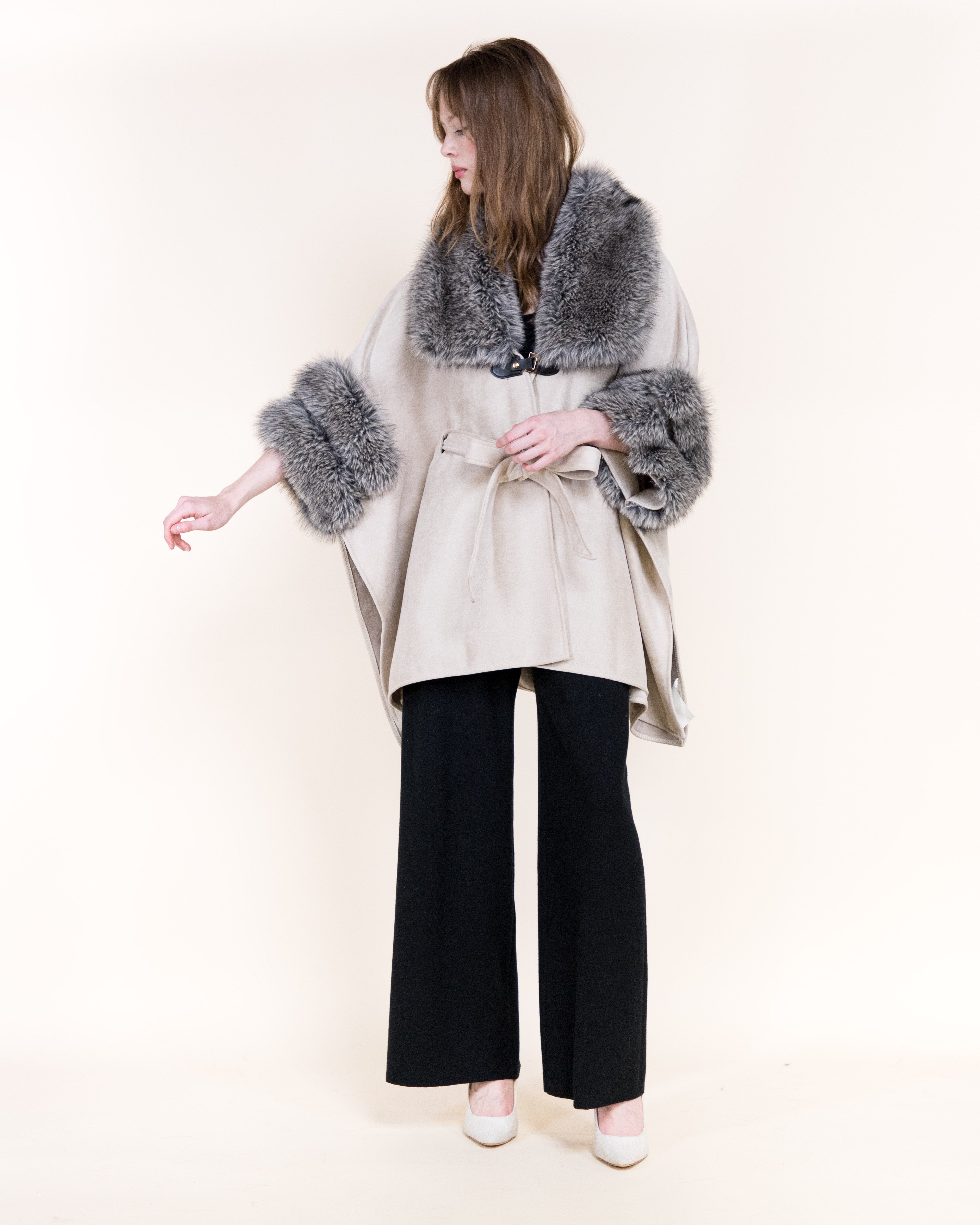 Highland Vegan Fur Neck Toggle Suede Belted Cape - BEIGE (OS) (Pack of 6)