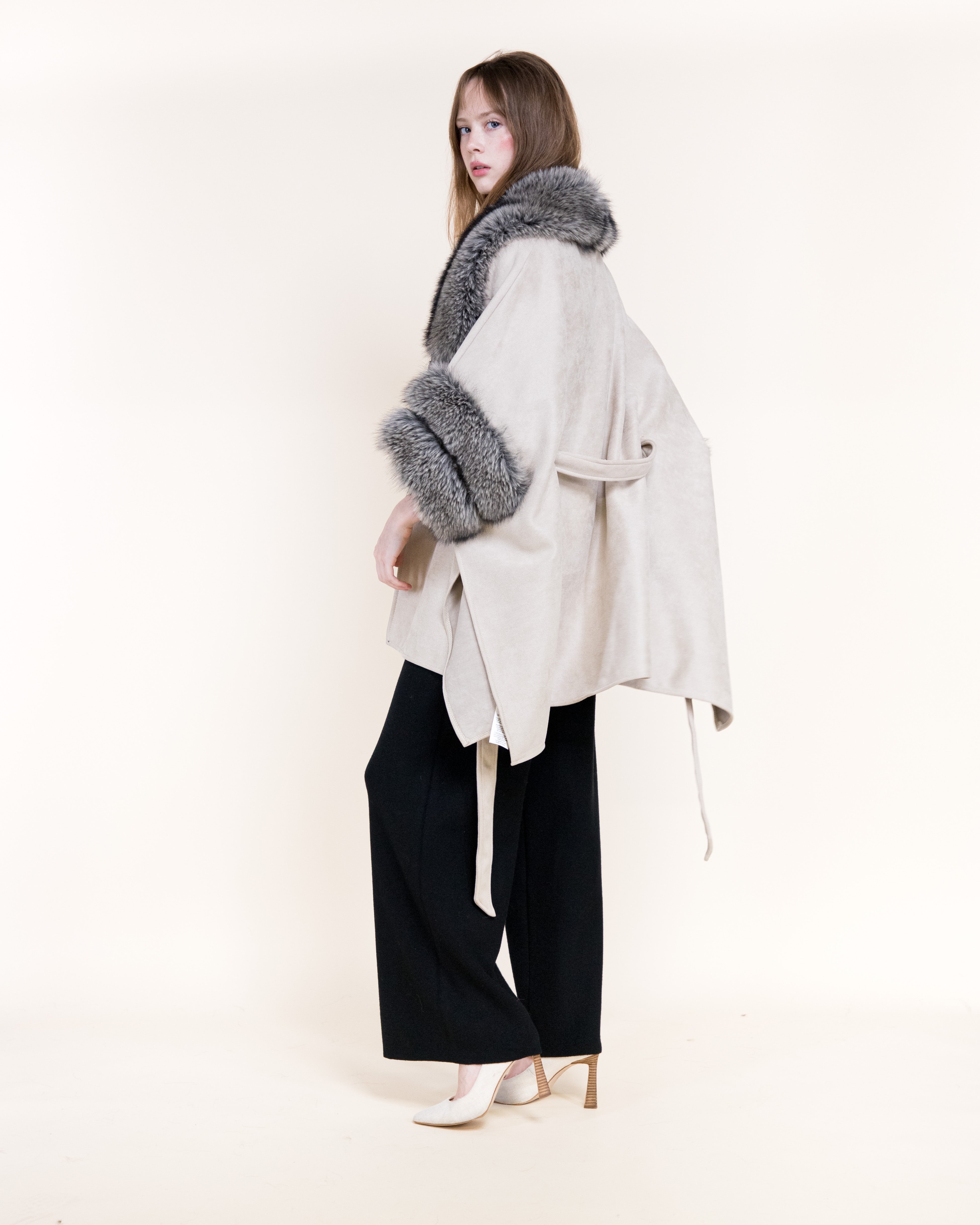 Highland Vegan Fur Neck Toggle Suede Belted Cape - BEIGE (OS) (Pack of 6)