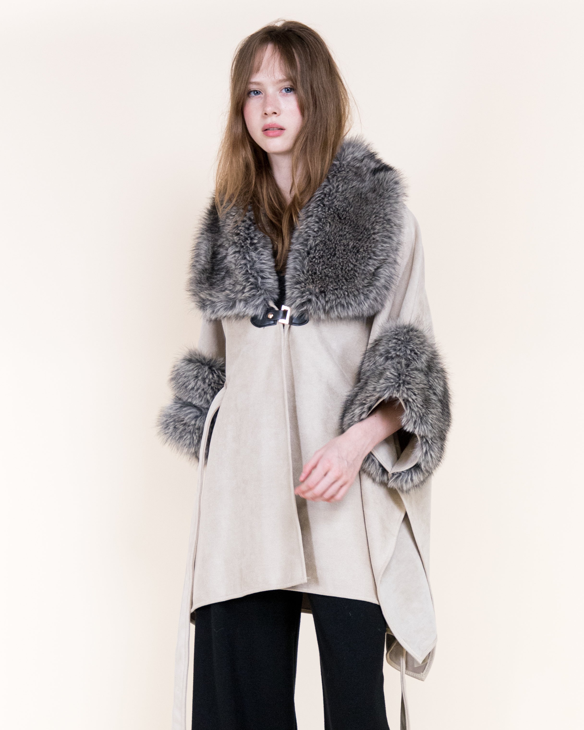 Highland Vegan Fur Neck Toggle Suede Belted Cape - BEIGE (OS) (Pack of 6)