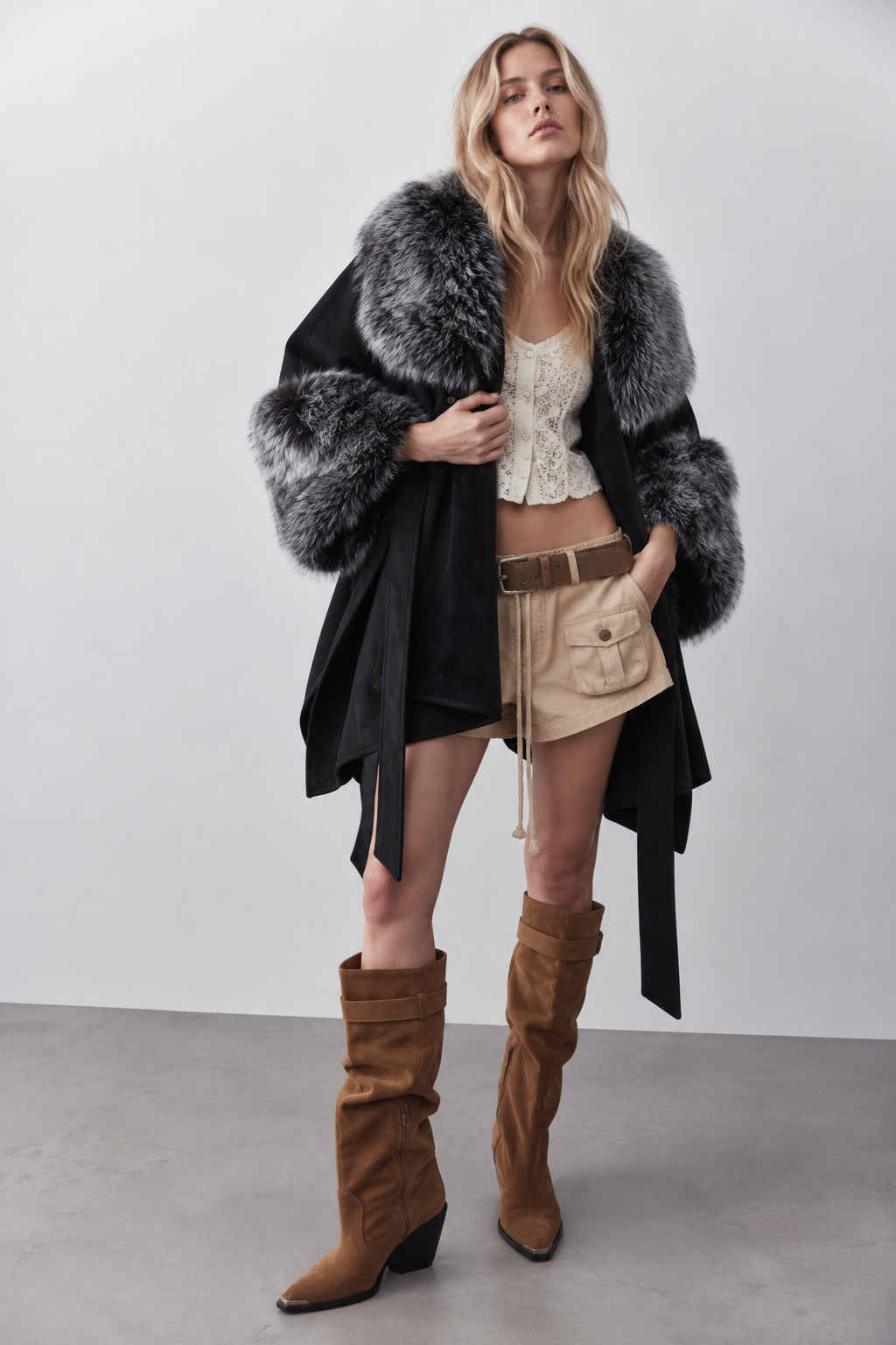 Highland Vegan Fur Neck Toggle Suede Belted Cape - BLACK (OS) (Pack of 6)