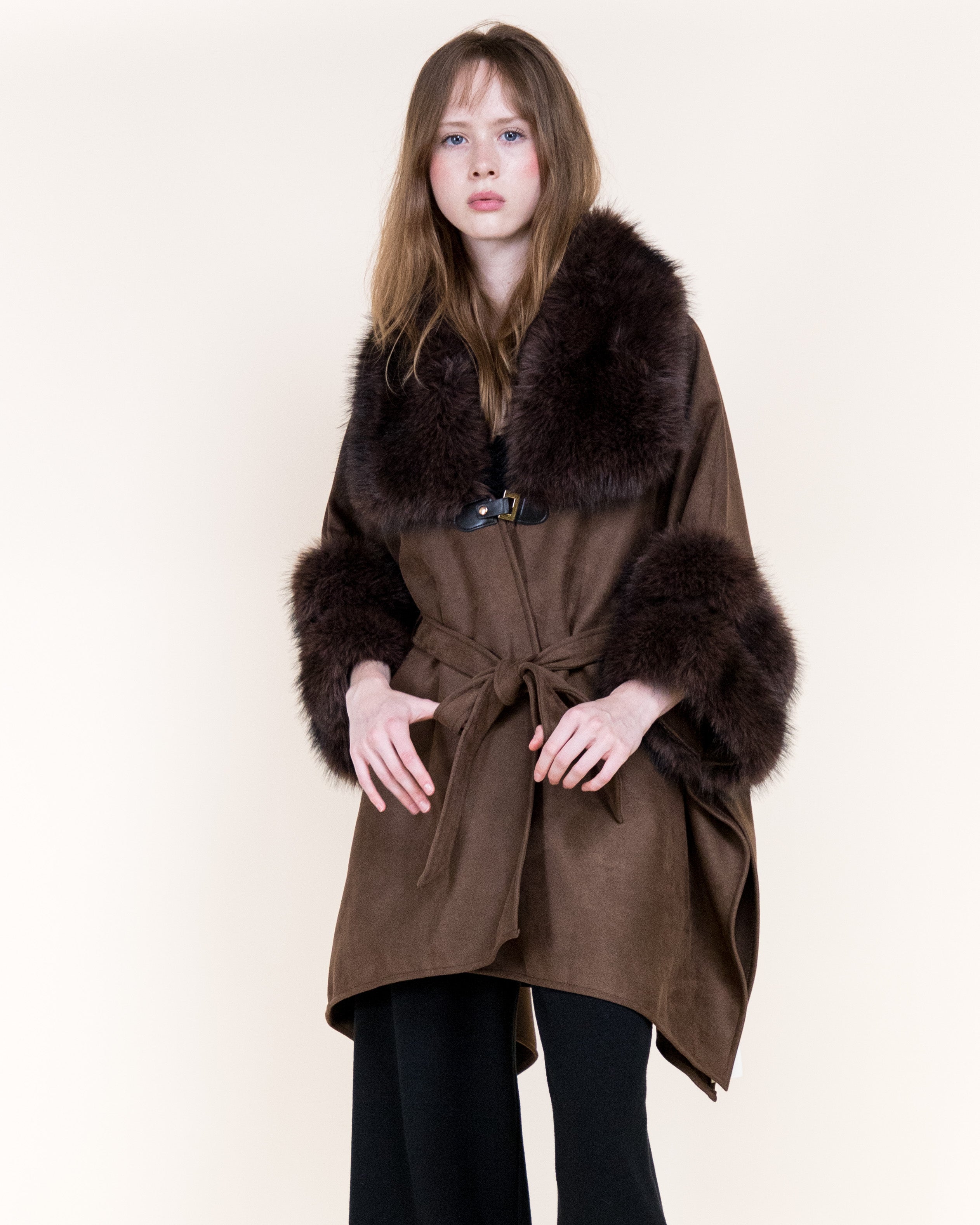 Highland Vegan Fur Neck Toggle Suede Belted Cape - BEIGE (OS) (Pack of 6)
