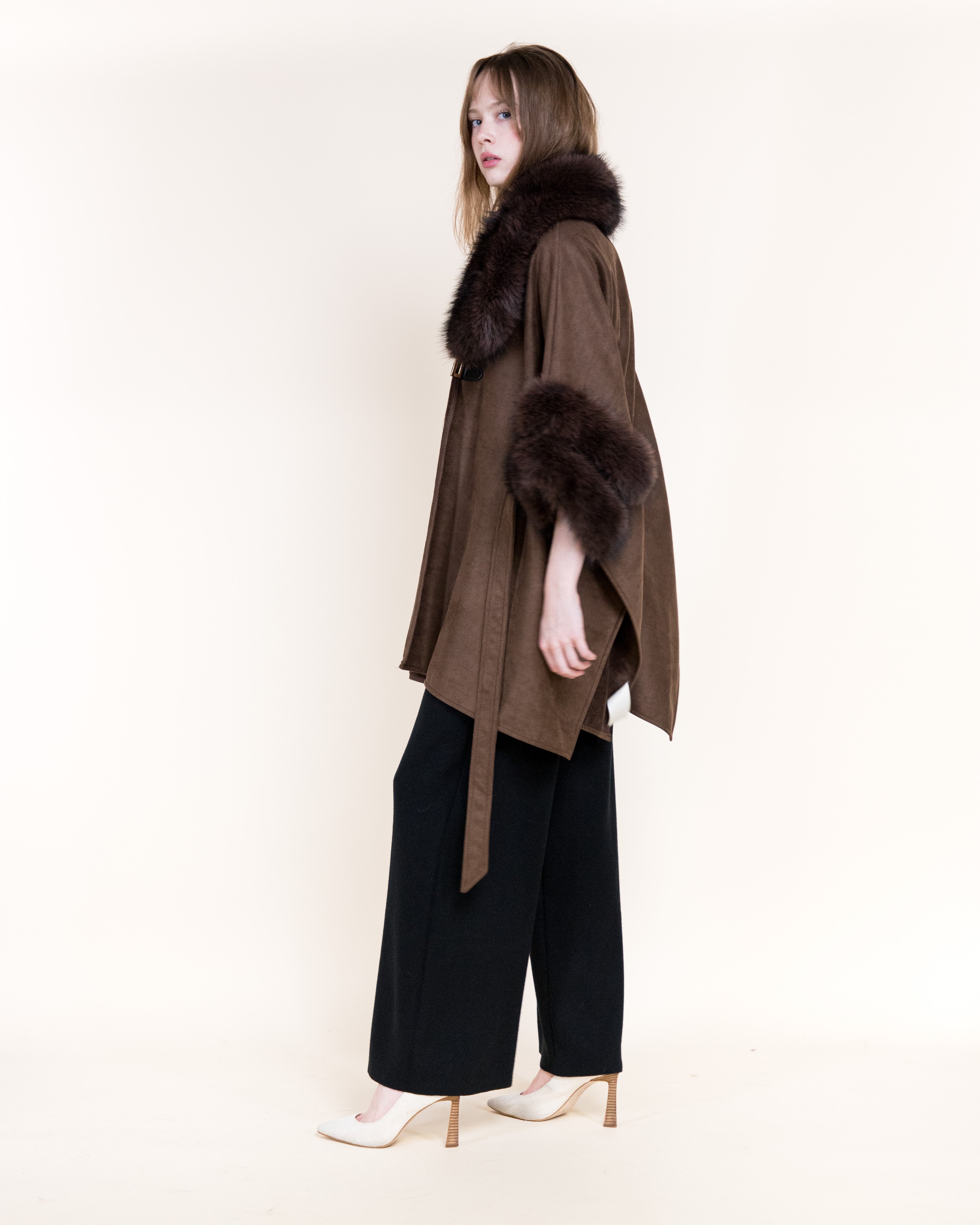 Highland Vegan Fur Neck Toggle Suede Belted Cape - BEIGE (OS) (Pack of 6)