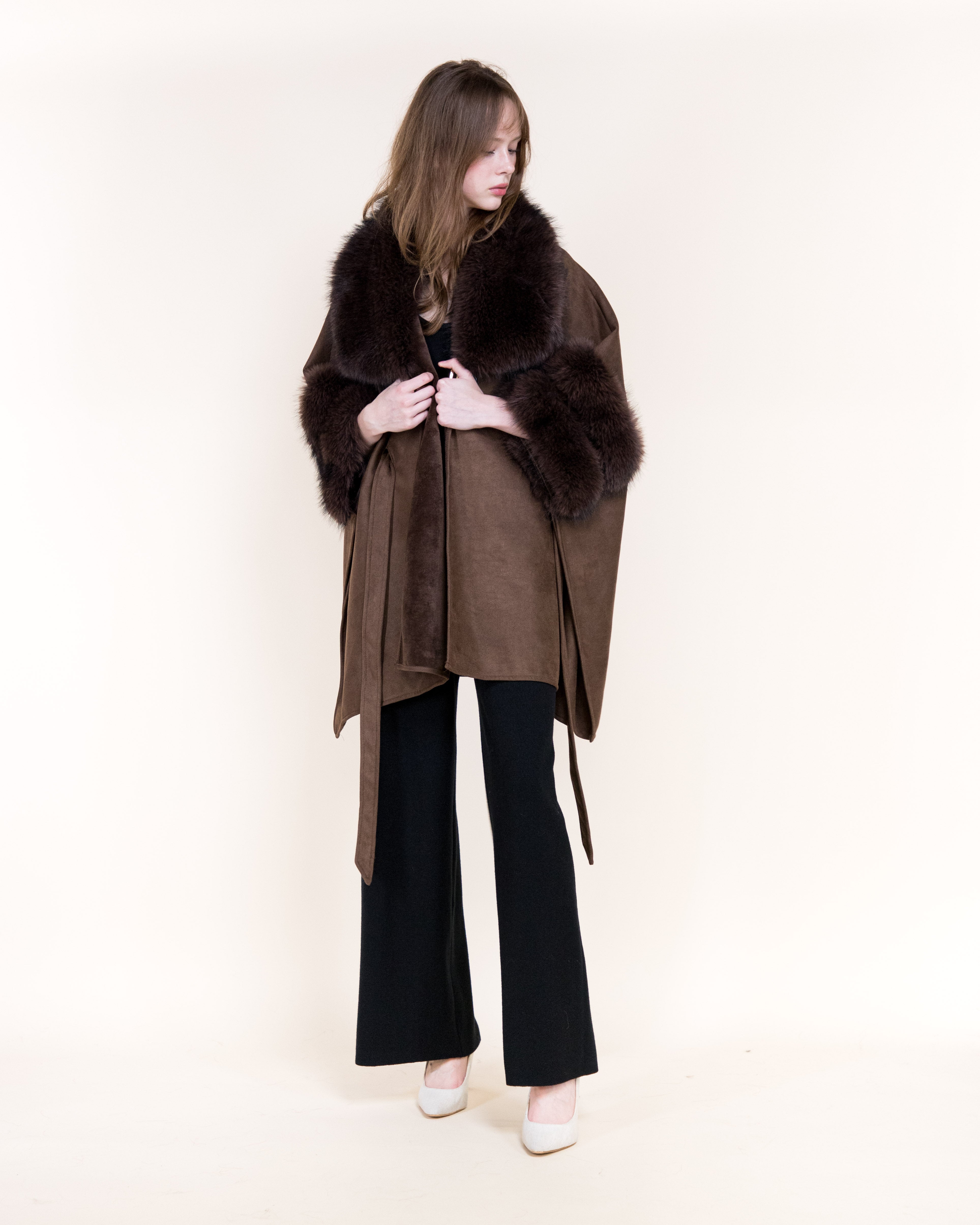 Highland Vegan Fur Neck Toggle Suede Belted Cape - BEIGE (OS) (Pack of 6)