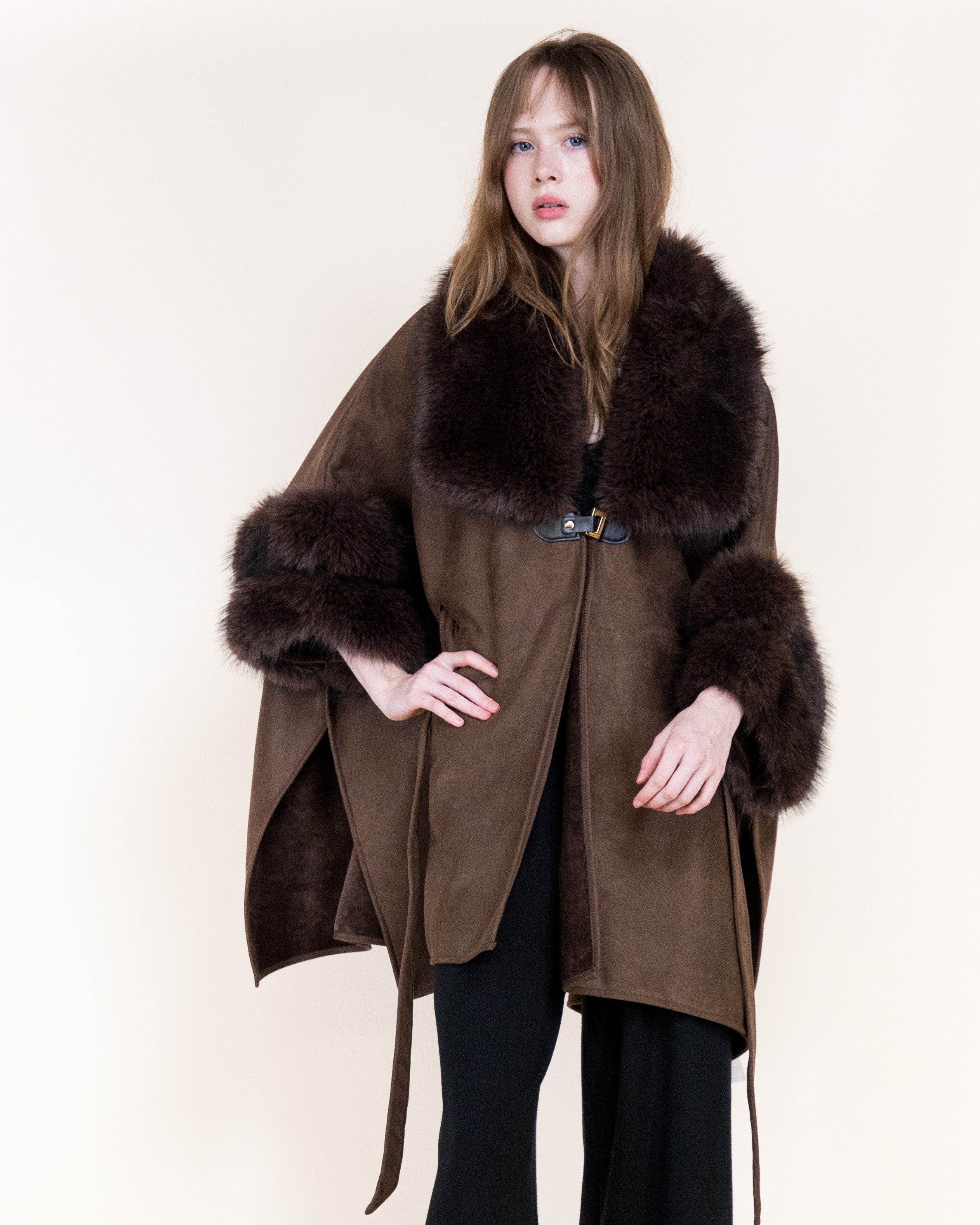 Highland Vegan Fur Neck Toggle Suede Belted Cape - BEIGE (OS) (Pack of 6)