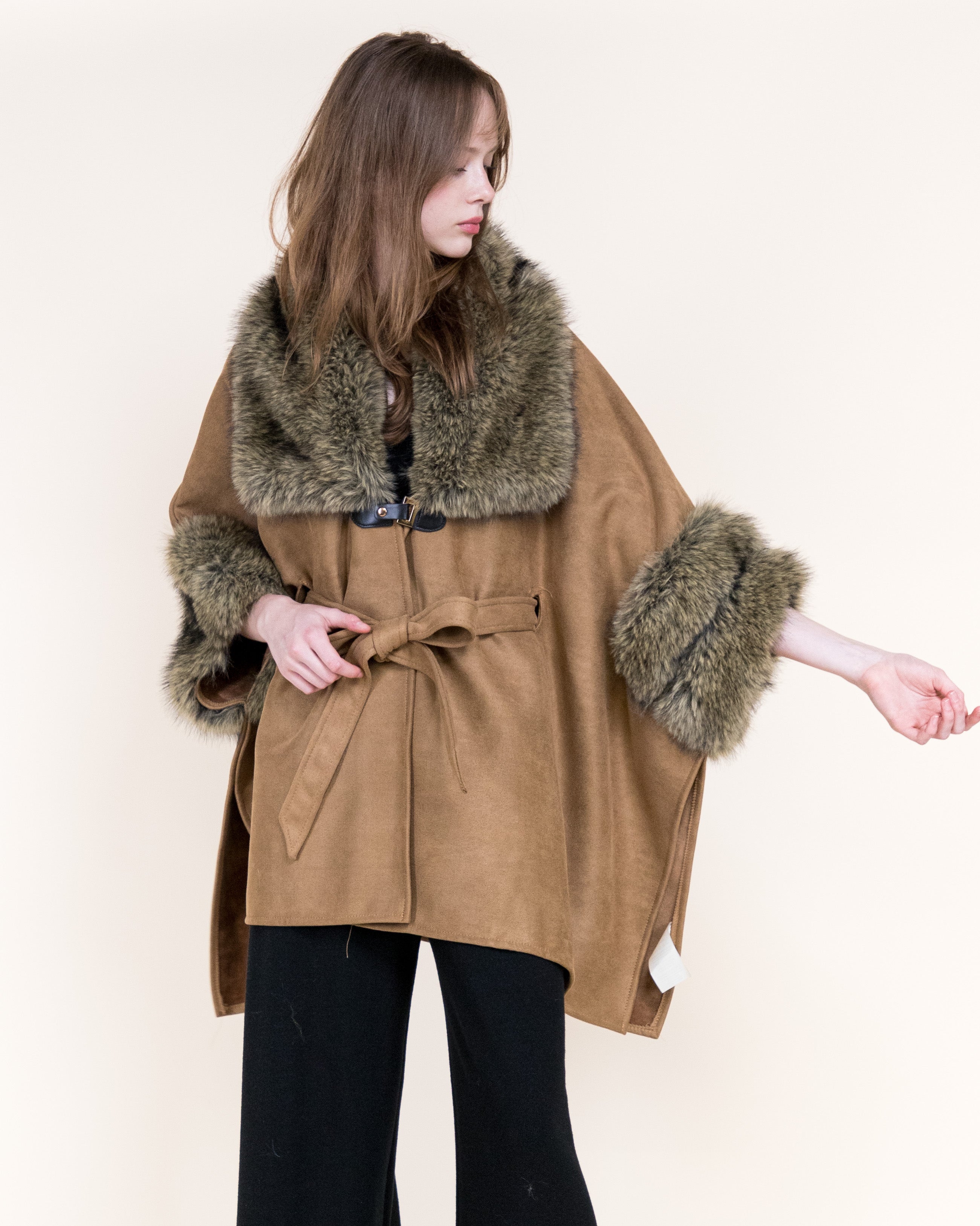 Highland Vegan Fur Neck Toggle Suede Belted Cape - BEIGE (OS) (Pack of 6)