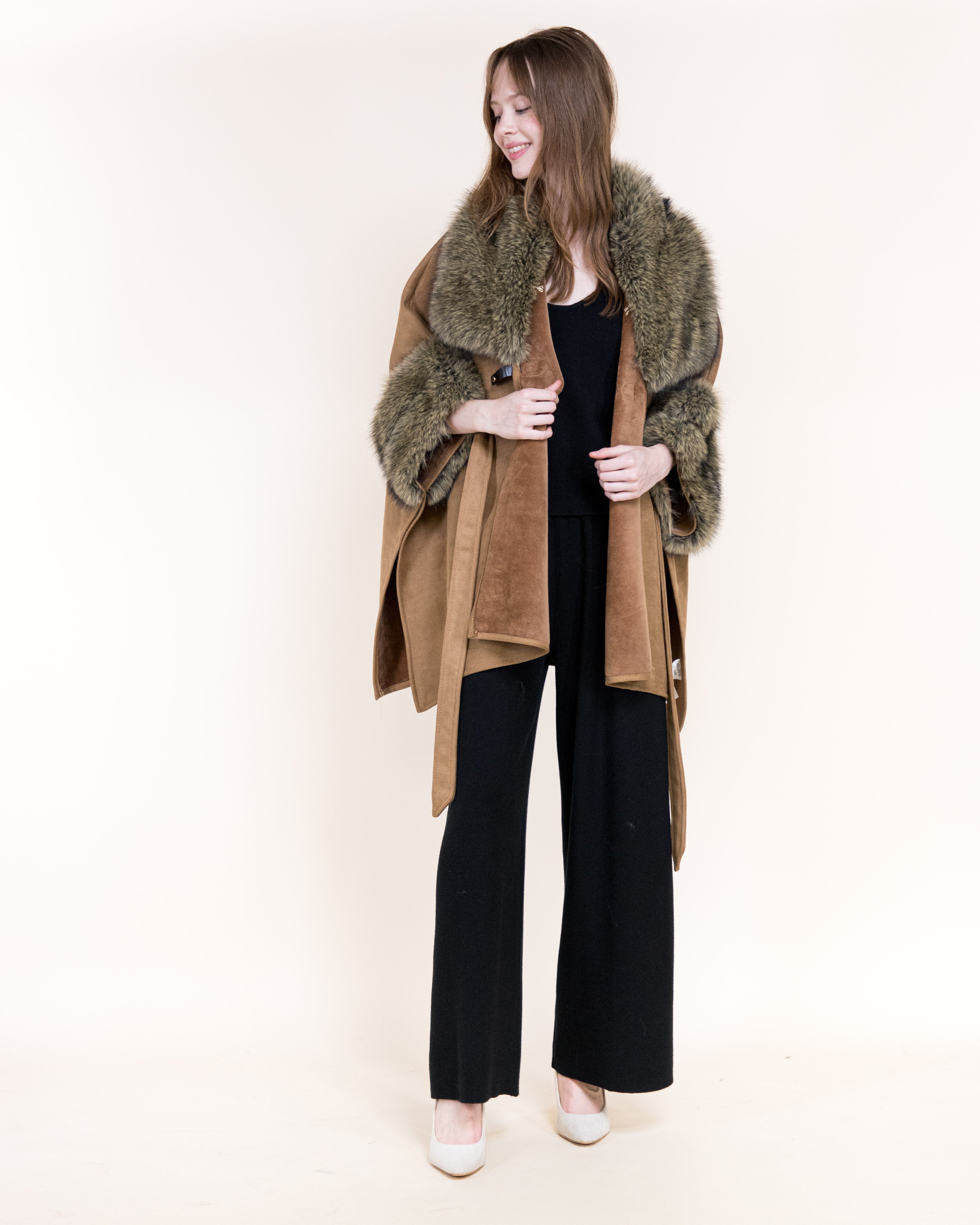 Highland Vegan Fur Neck Toggle Suede Belted Cape - BEIGE (OS) (Pack of 6)