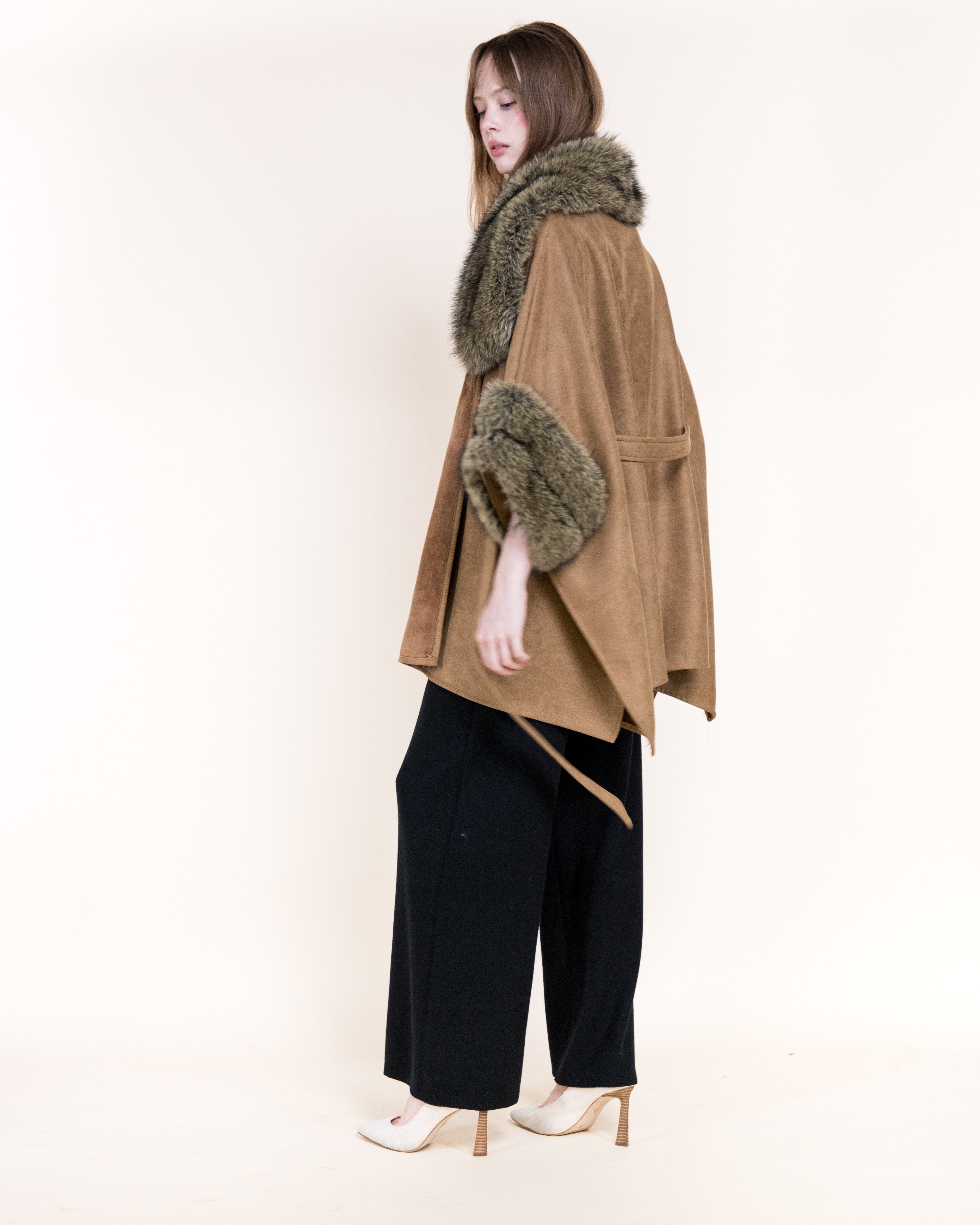 Highland Vegan Fur Neck Toggle Suede Belted Cape - BEIGE (OS) (Pack of 6)