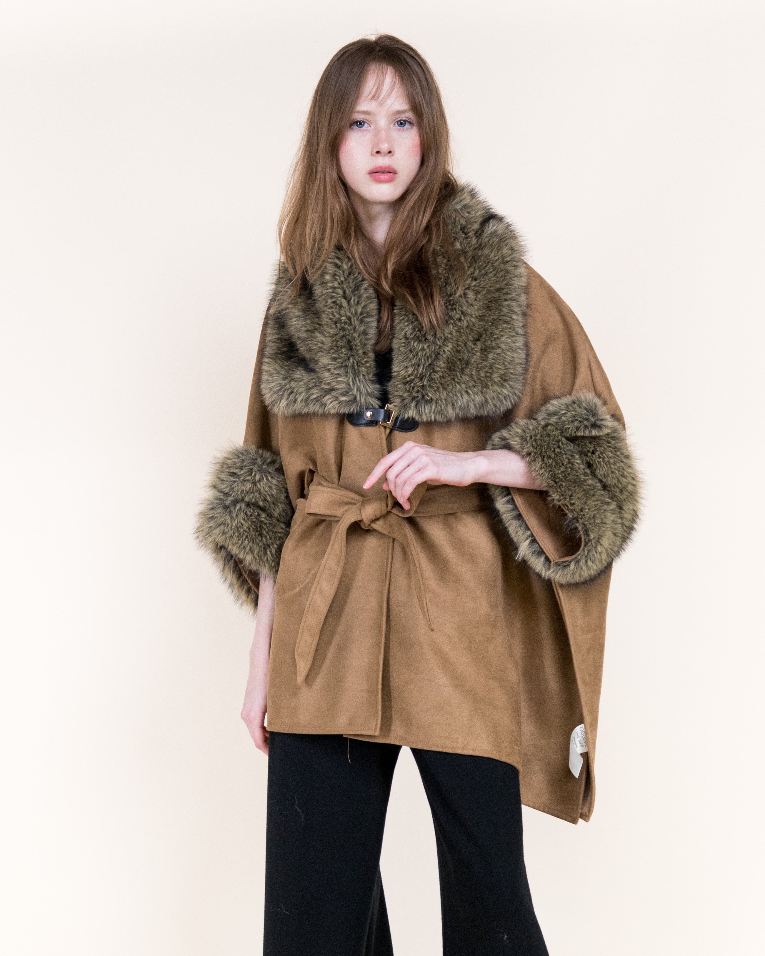 Highland Vegan Fur Neck Toggle Suede Belted Cape - BEIGE (OS) (Pack of 6)