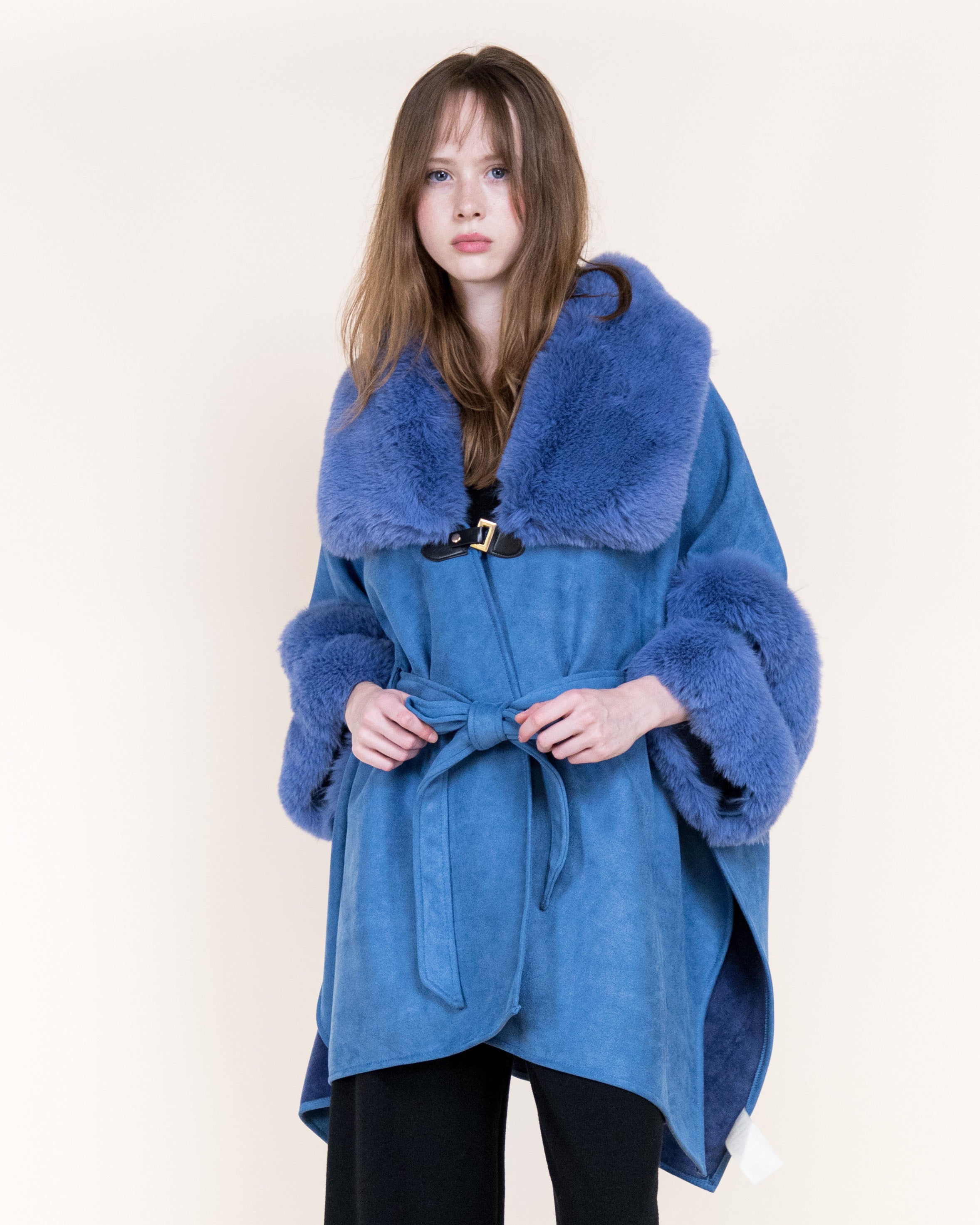 Highland Vegan Fur Neck Toggle Suede Belted Cape - BEIGE (OS) (Pack of 6)