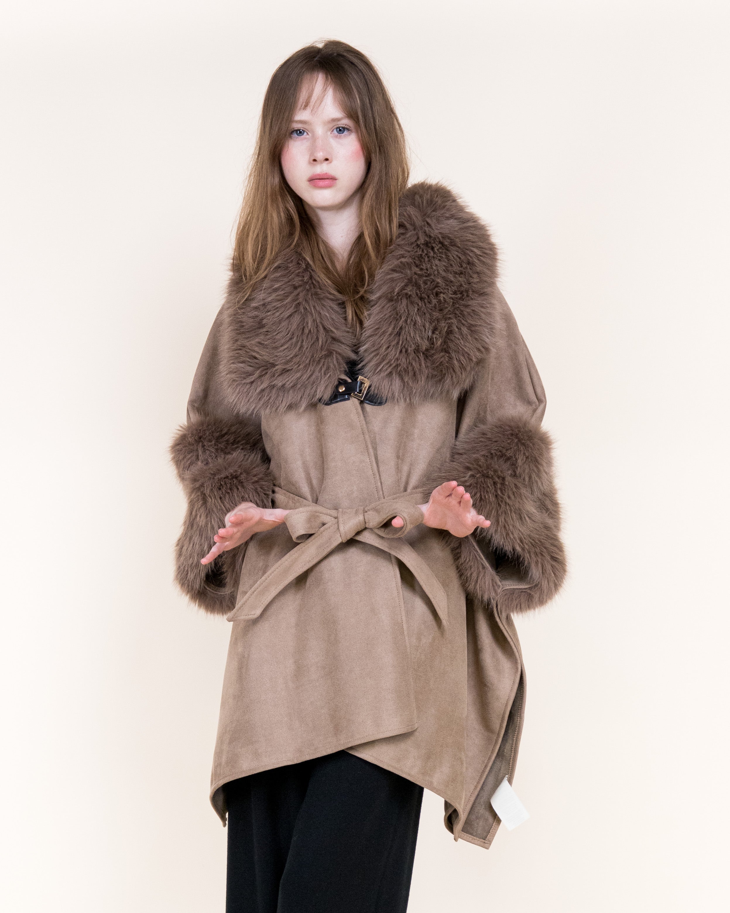 Highland Vegan Fur Neck Toggle Suede Belted Cape - BEIGE (OS) (Pack of 6)