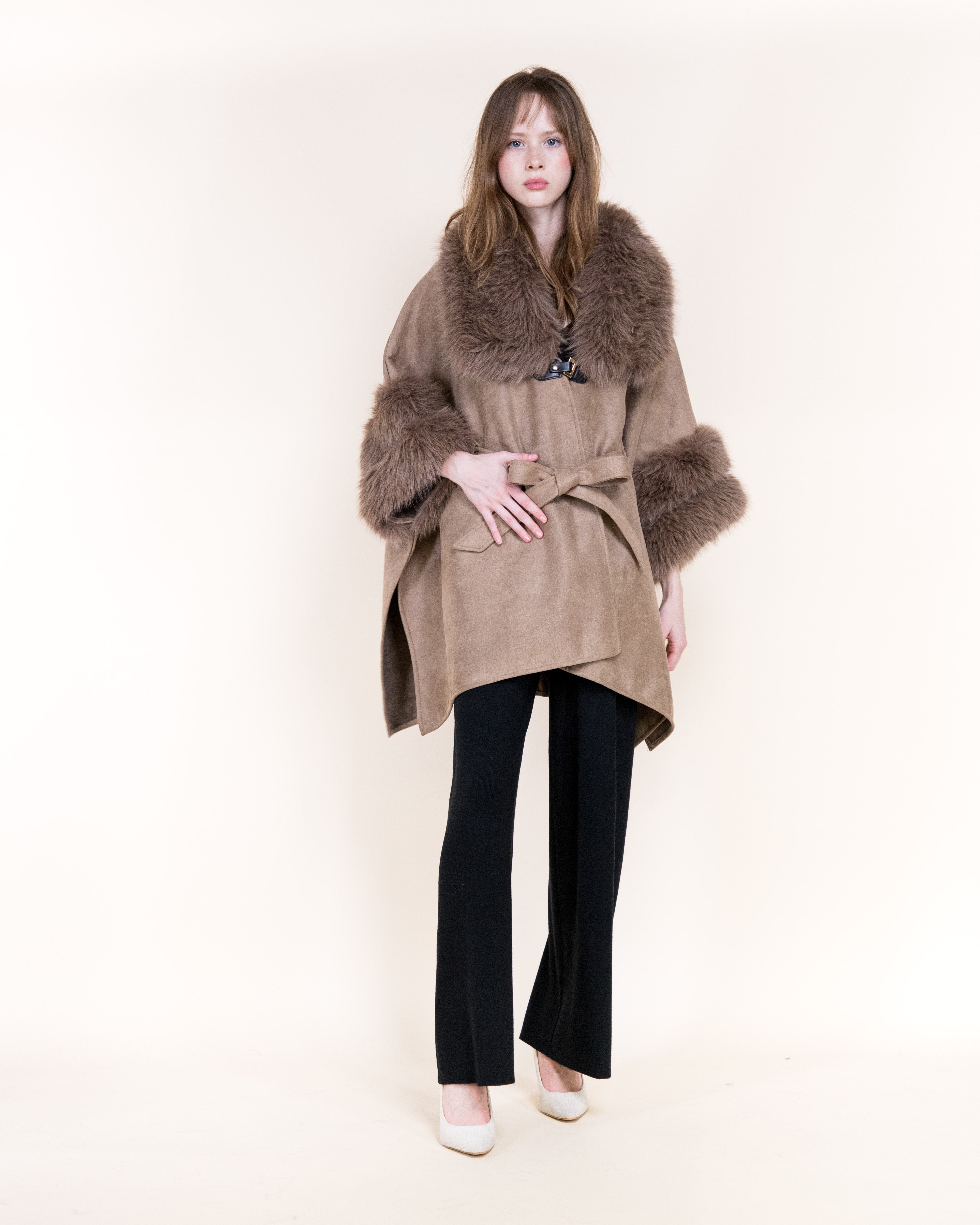 Highland Vegan Fur Neck Toggle Suede Belted Cape - BEIGE (OS) (Pack of 6)