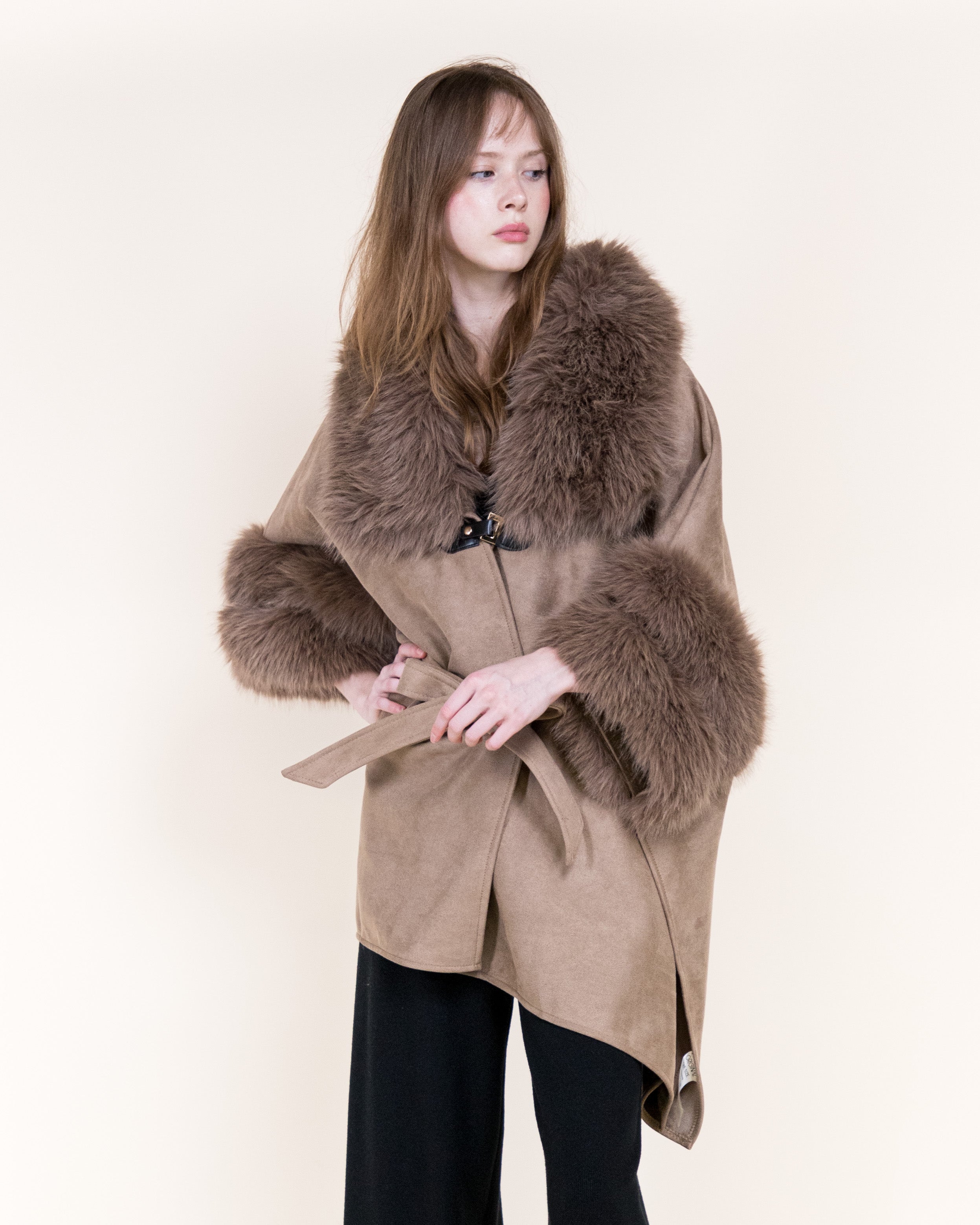 Highland Vegan Fur Neck Toggle Suede Belted Cape - BEIGE (OS) (Pack of 6)