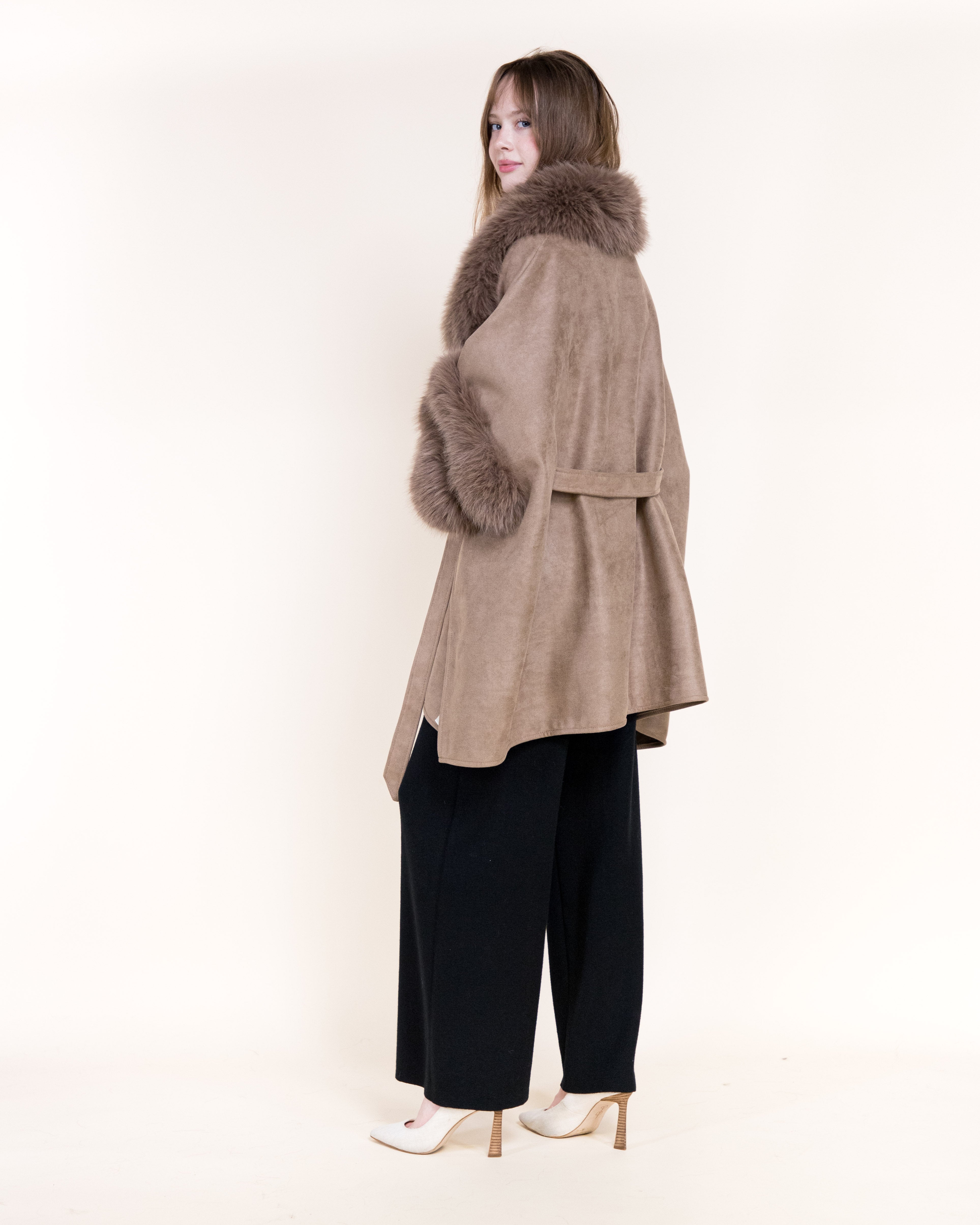 Highland Vegan Fur Neck Toggle Suede Belted Cape - BEIGE (OS) (Pack of 6)