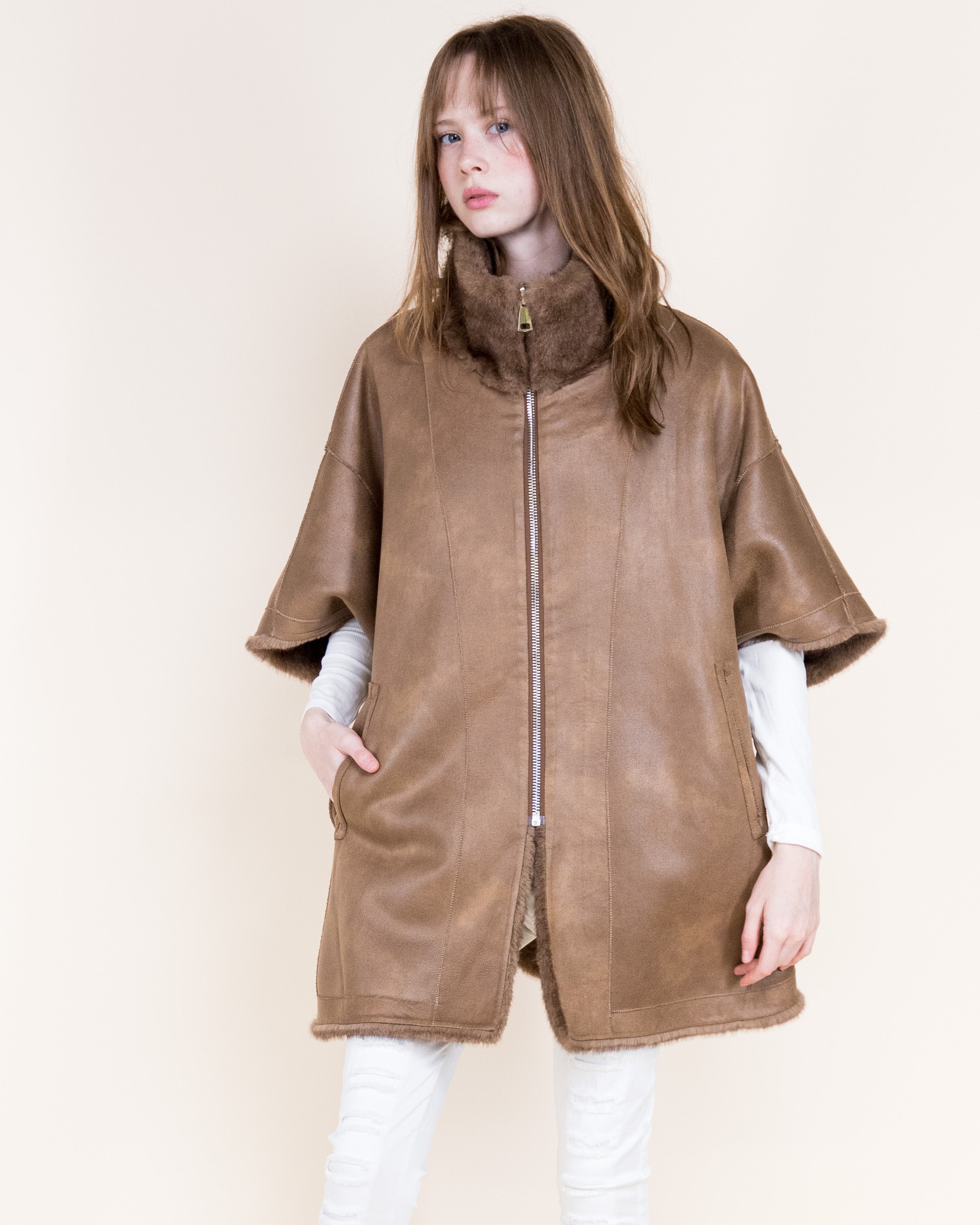 Aviatrice Reversible Zip Up Vegan Leather Fur Cape - CAMEL (OS) (Pack of 6)