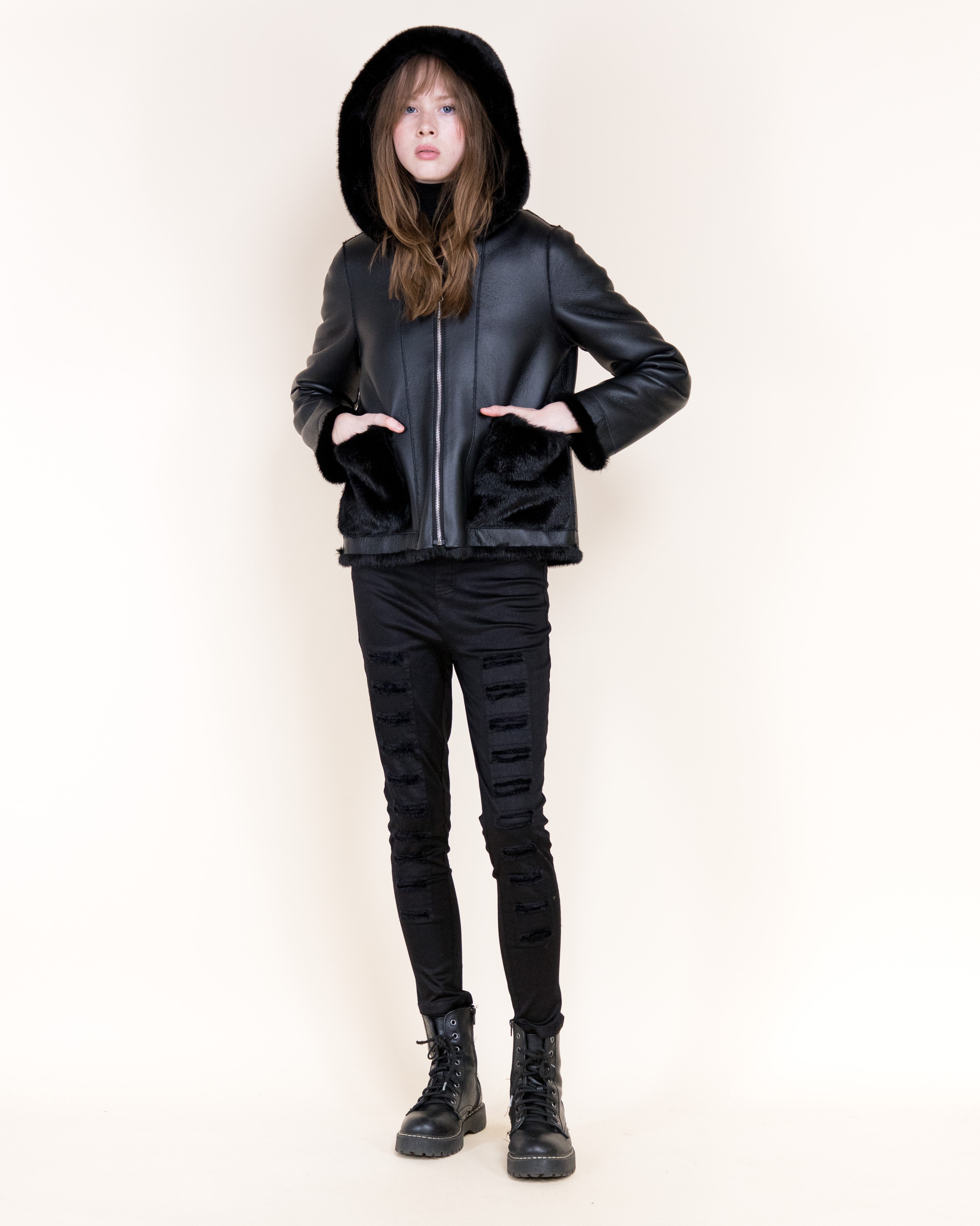 Aviatrice Reversable Hooded Vegan Leather Fur Jacket- BLACK (S/M, L/XL) (Pack of 6)