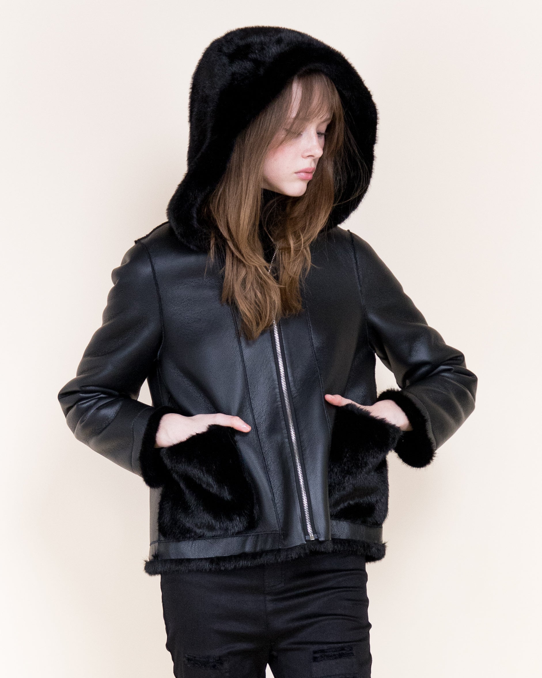 Aviatrice Reversable Hooded Vegan Leather Fur Jacket- BLACK (S/M, L/XL) (Pack of 6)