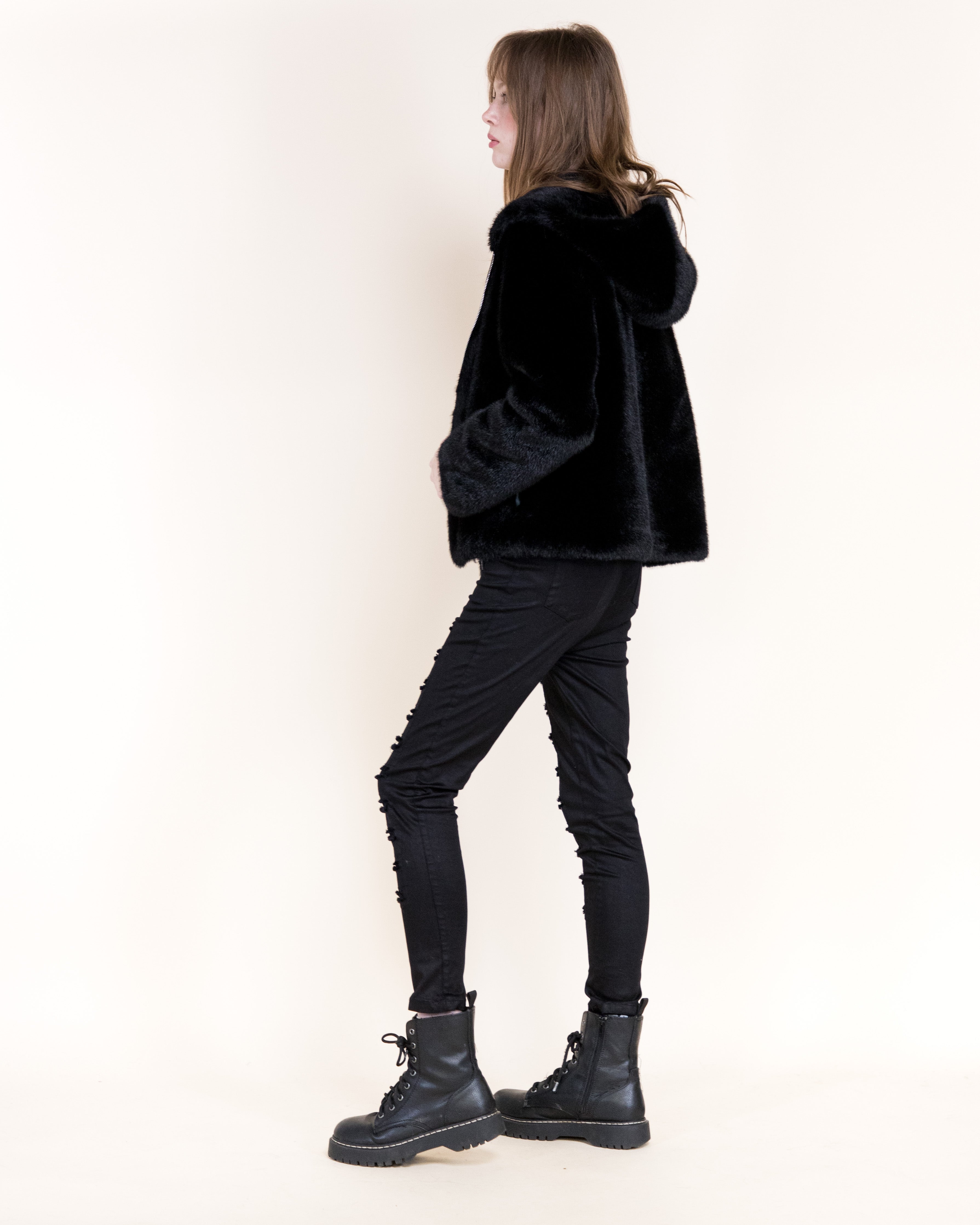 Aviatrice Reversable Hooded Vegan Leather Fur Jacket- BLACK (S/M, L/XL) (Pack of 6)