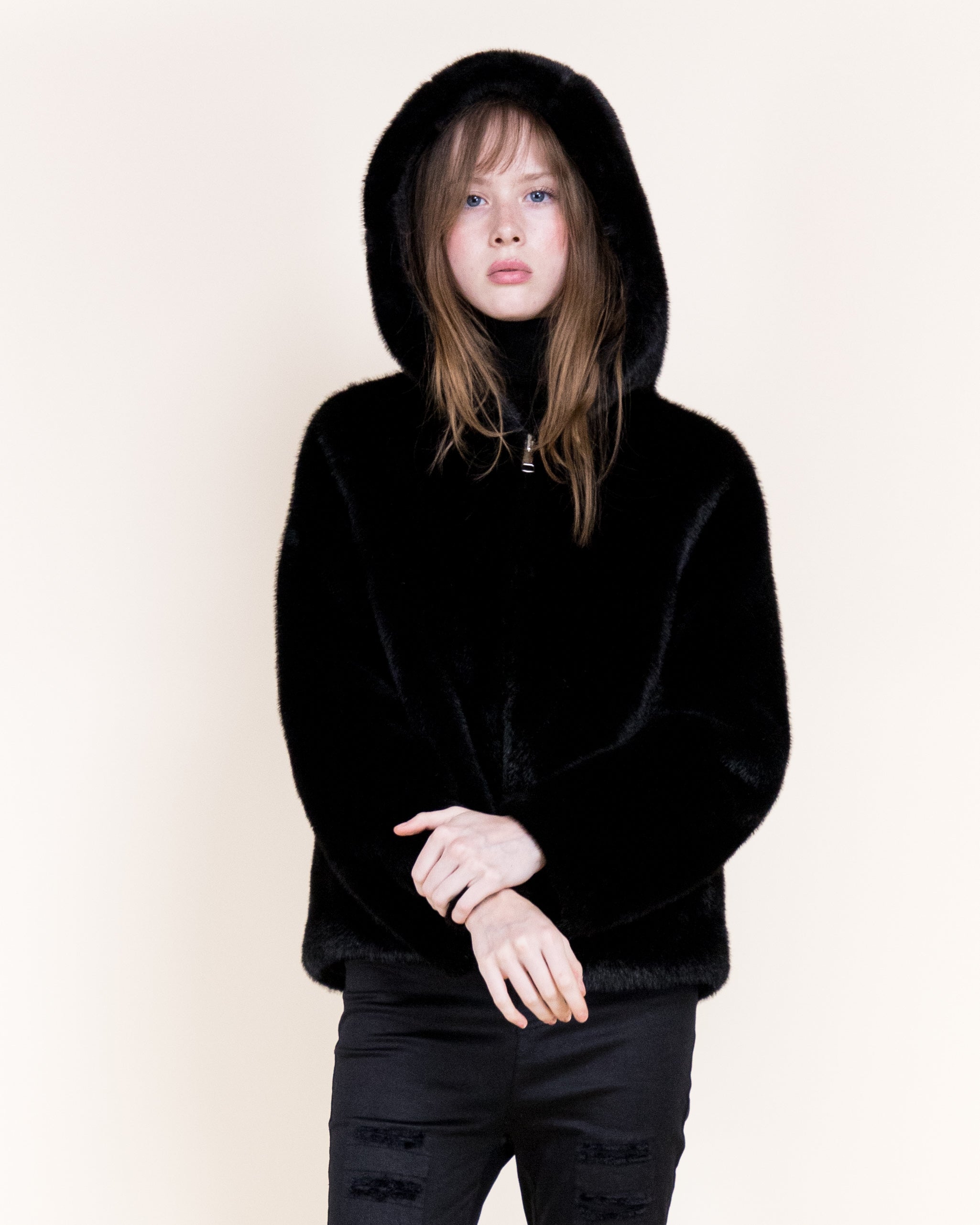 Aviatrice Reversable Hooded Vegan Leather Fur Jacket- BLACK (S/M, L/XL) (Pack of 6)