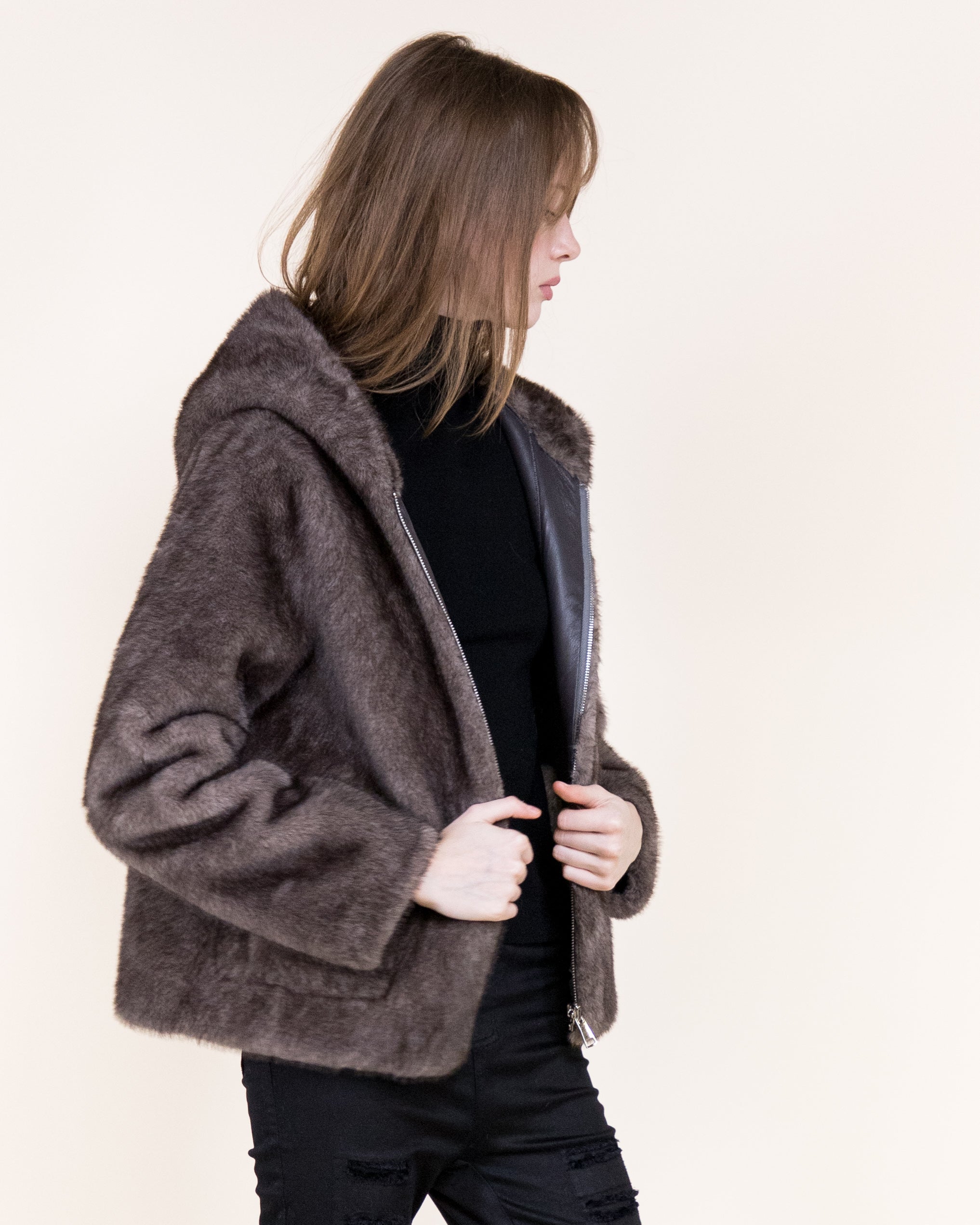 Aviatrice Reversable Hooded Vegan Leather Fur Jacket- BLACK (S/M, L/XL) (Pack of 6)