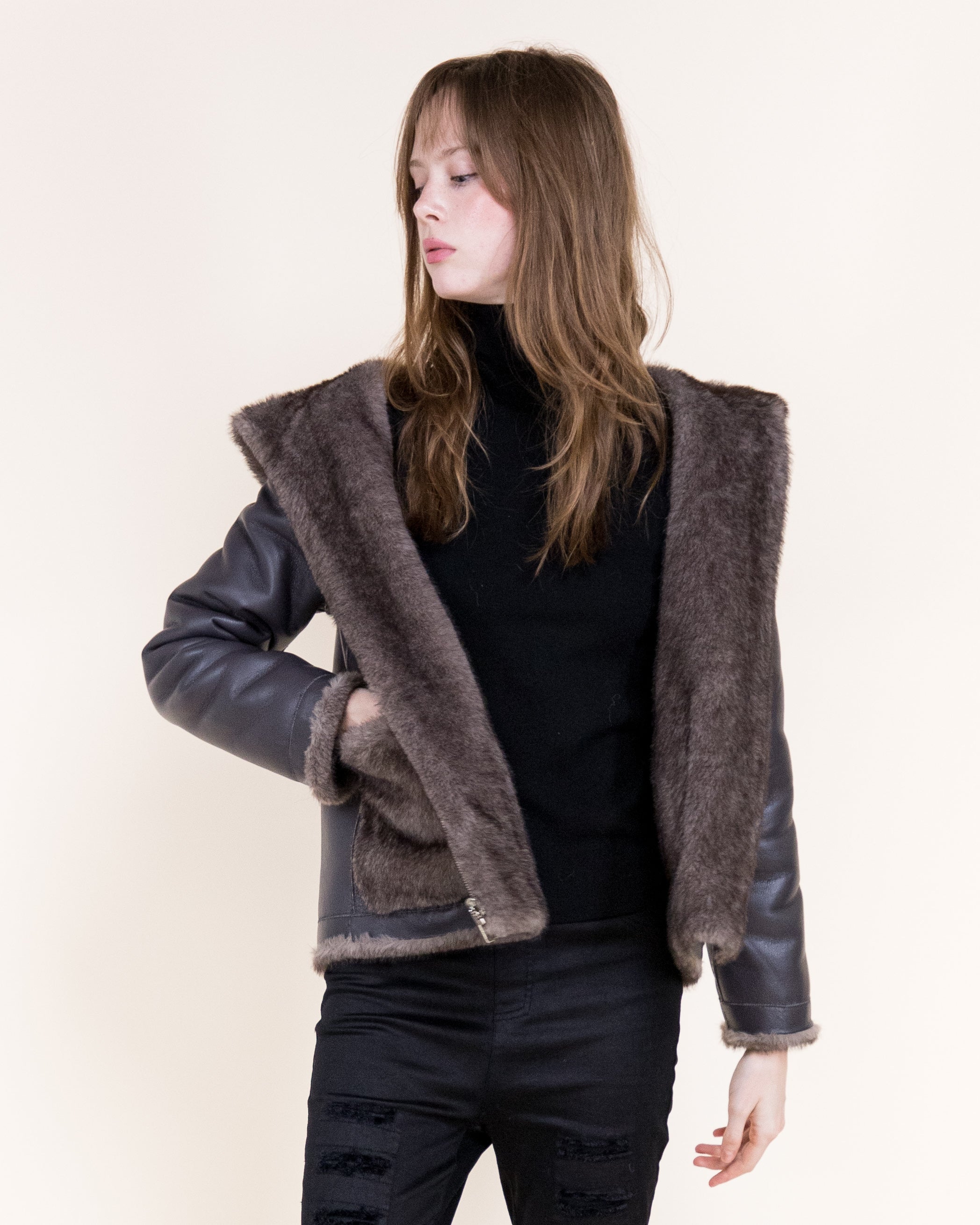 Aviatrice Reversable Hooded Vegan Leather Fur Jacket- BLACK (S/M, L/XL) (Pack of 6)