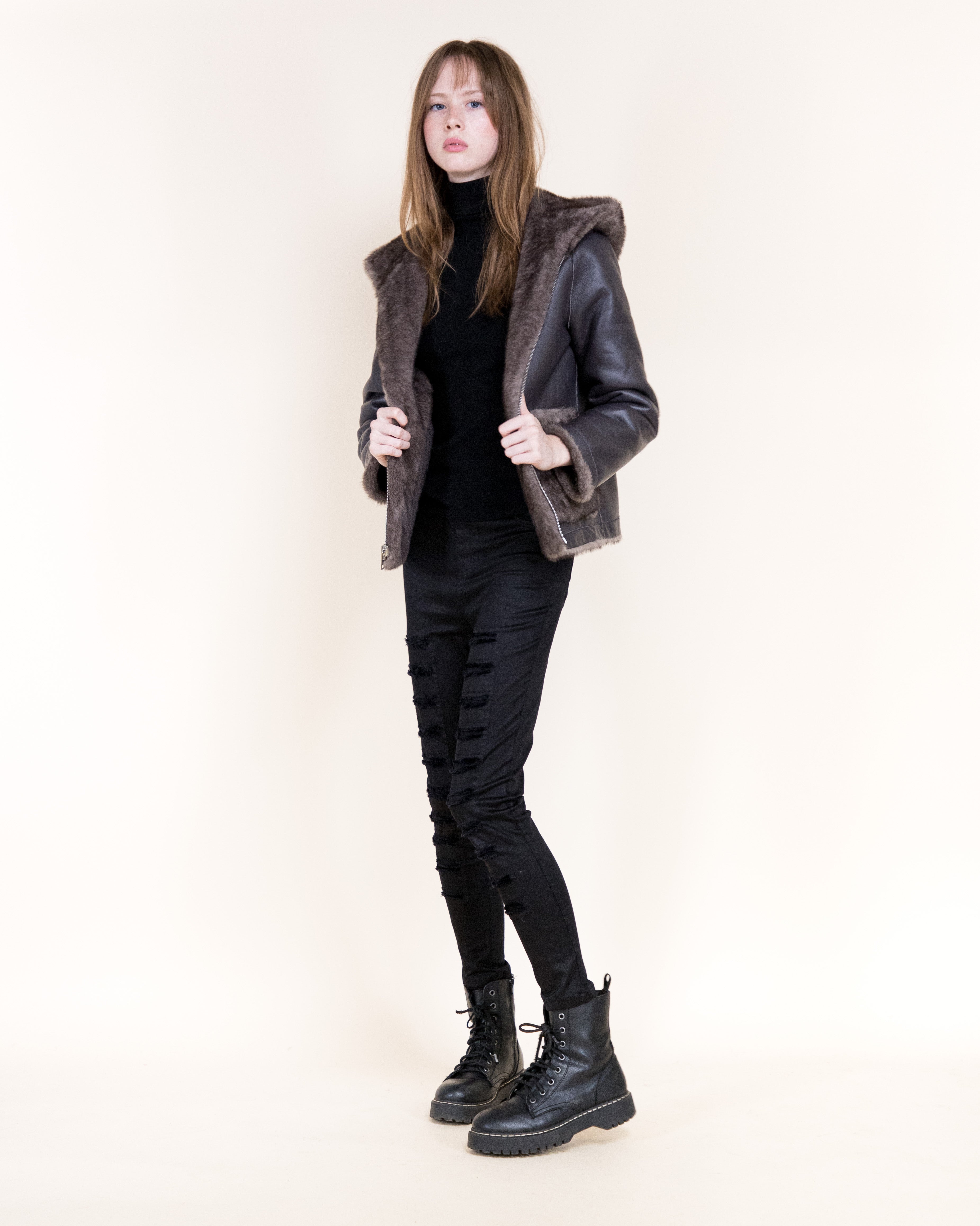 Aviatrice Reversable Hooded Vegan Leather Fur Jacket- BLACK (S/M, L/XL) (Pack of 6)