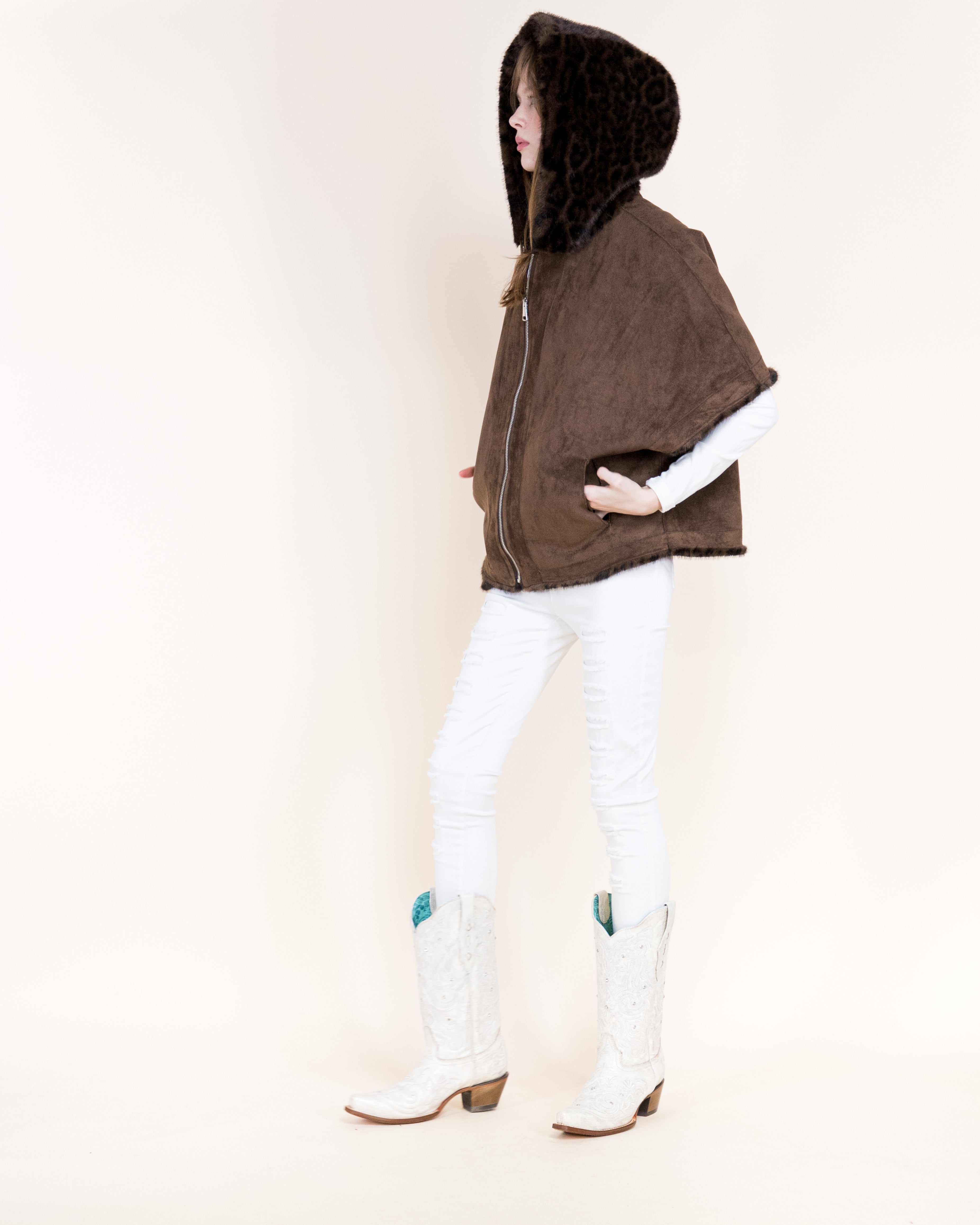 Leopard Vegan Fur Cropped Hooded Cape - GRAY (OS) (Pack of 6)
