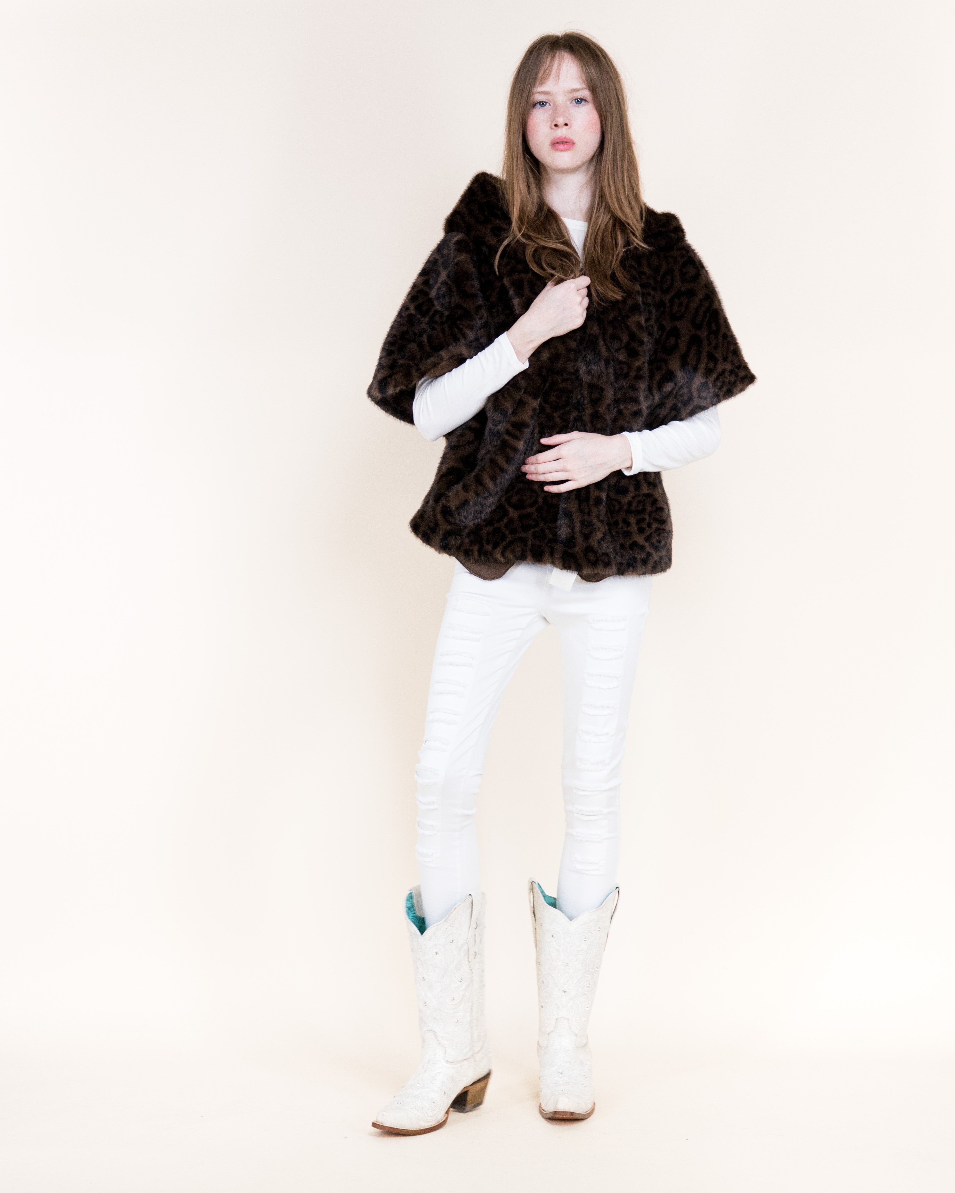Leopard Vegan Fur Cropped Hooded Cape - GRAY (OS) (Pack of 6)