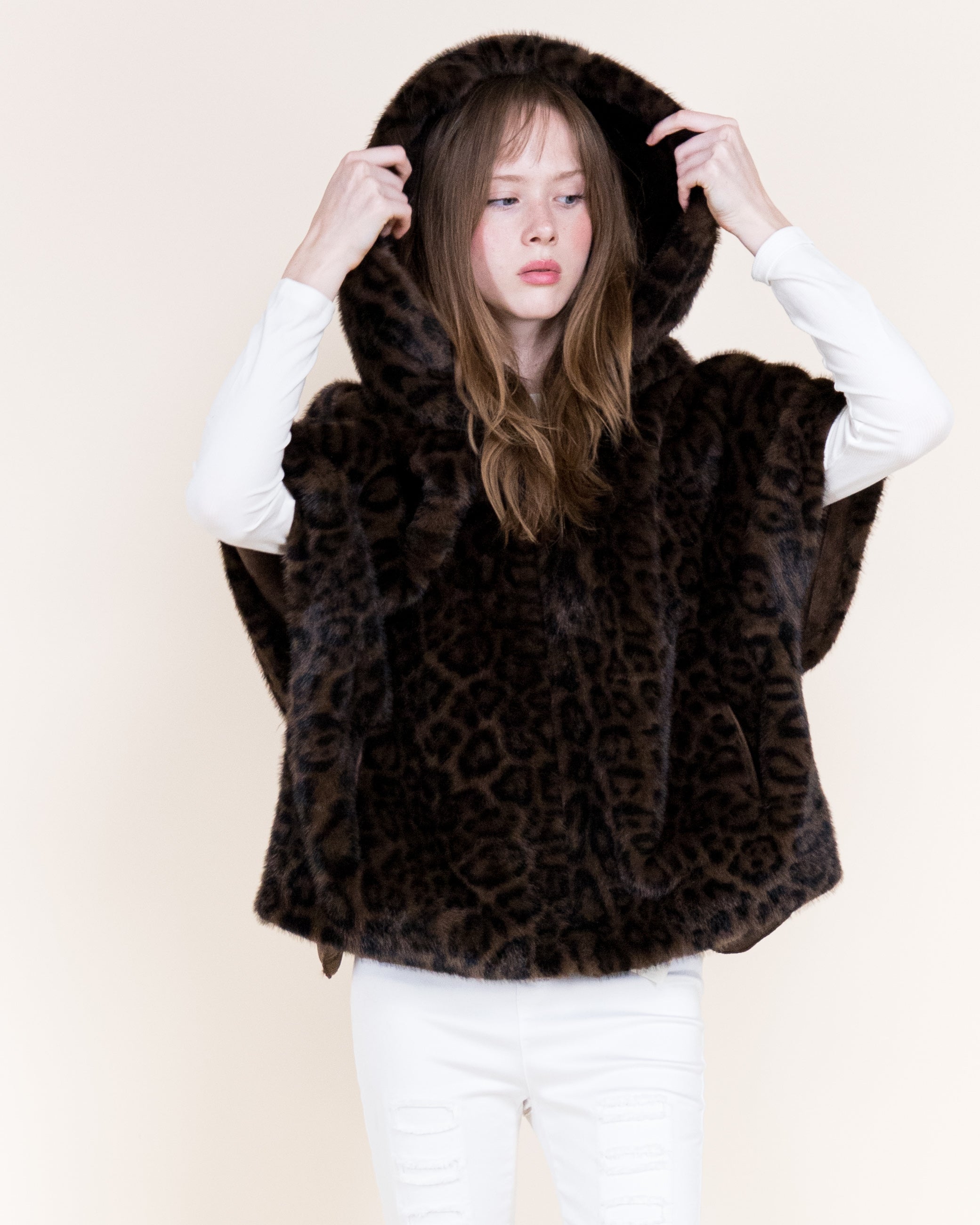 Leopard Vegan Fur Cropped Hooded Cape - GRAY (OS) (Pack of 6)