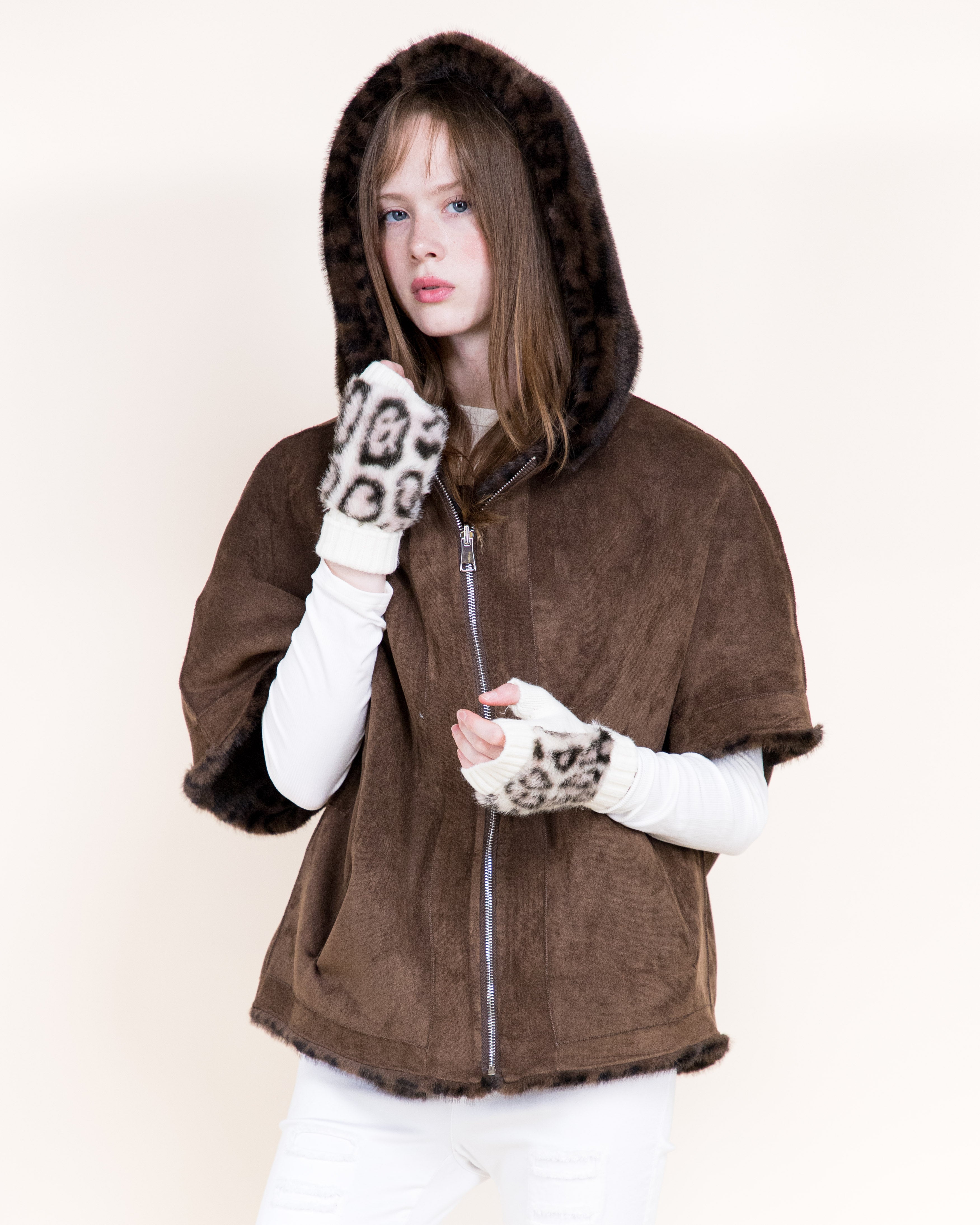 Leopard Vegan Fur Cropped Hooded Cape - GRAY (OS) (Pack of 6)