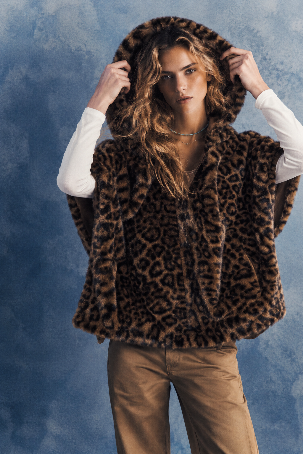 Leopard Vegan Fur Cropped Hooded Cape - CAMEL (OS) (Pack of 6)
