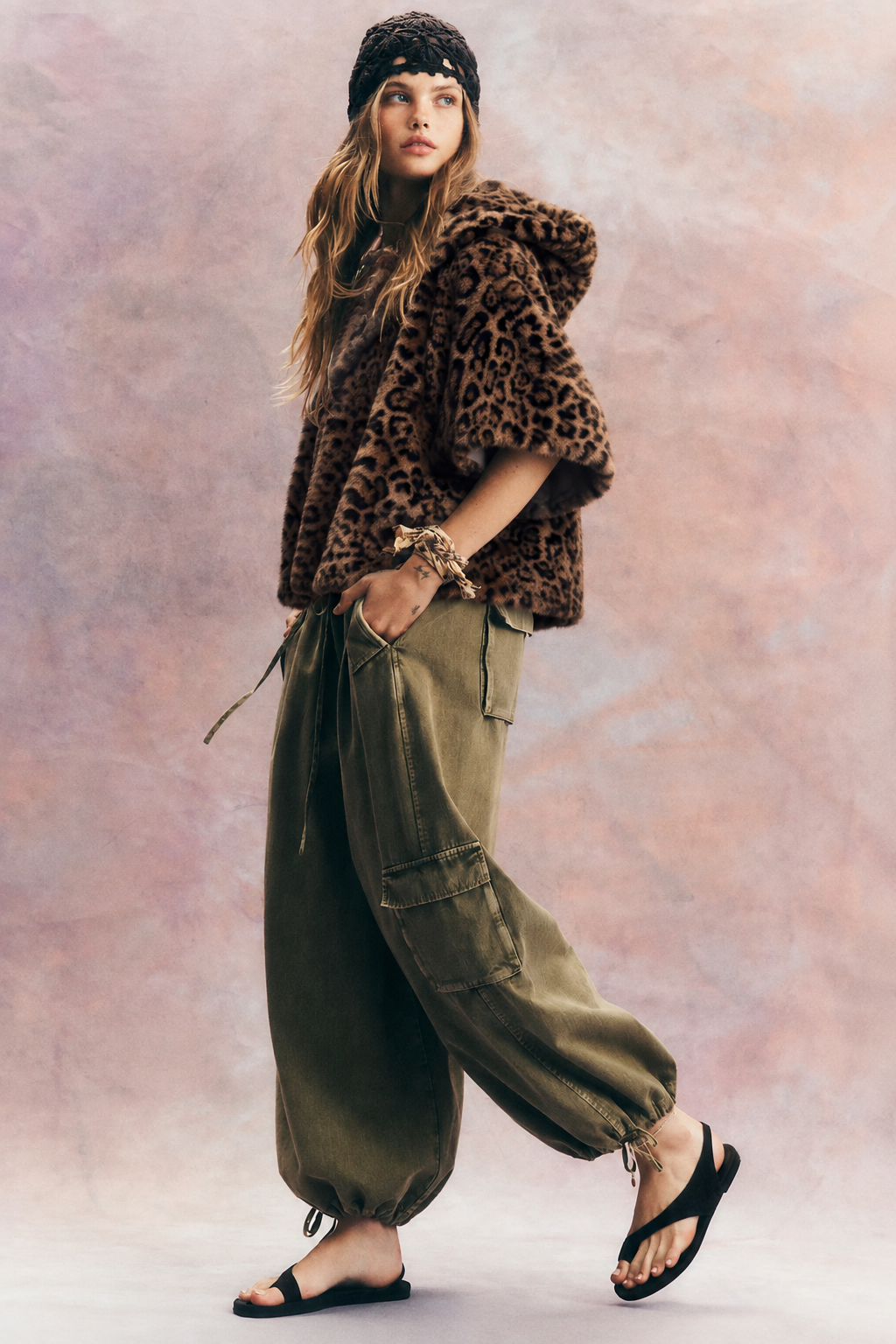 Leopard Vegan Fur Cropped Hooded Cape - CAMEL (OS) (Pack of 6)