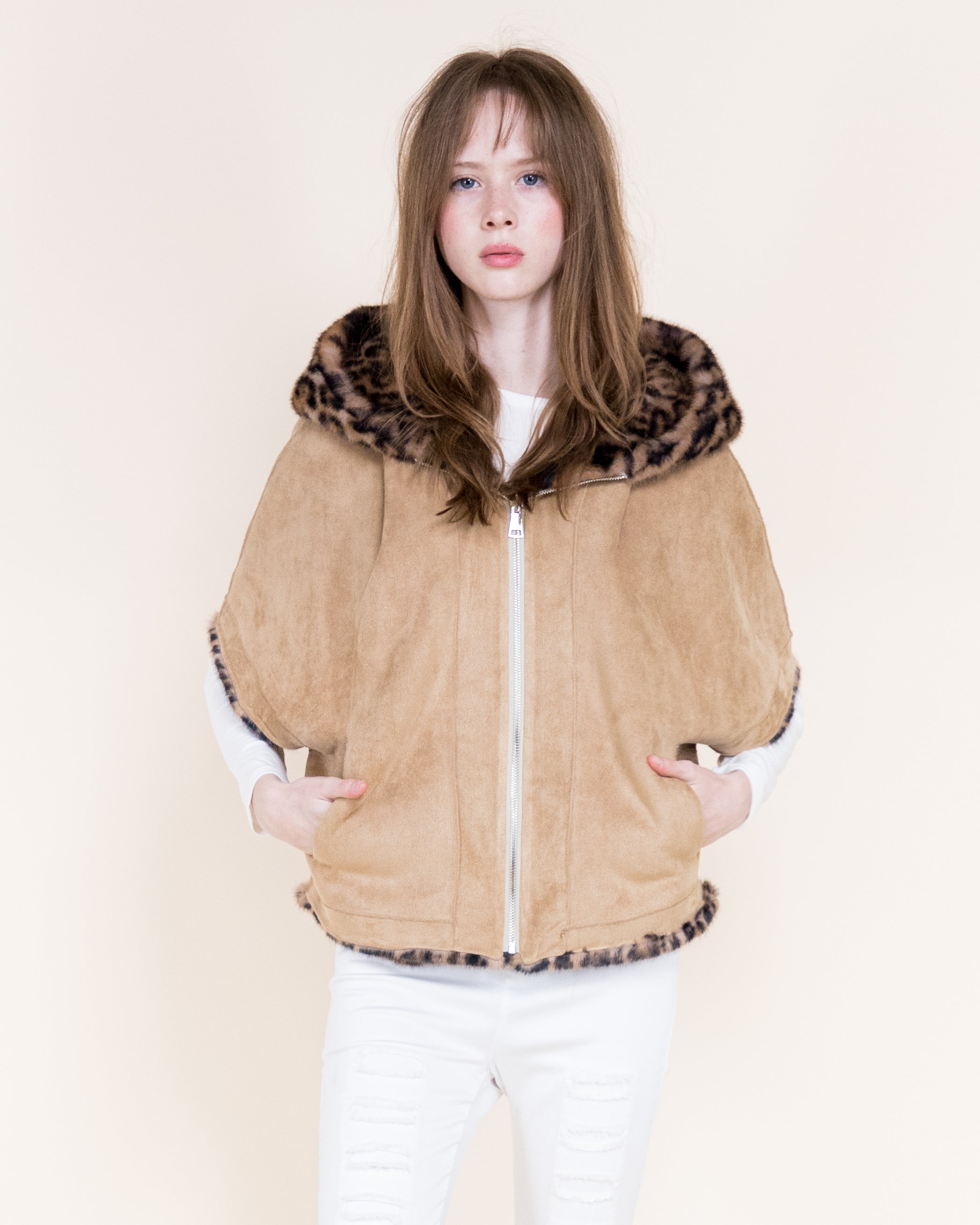 Leopard Vegan Fur Cropped Hooded Cape - GRAY (OS) (Pack of 6)