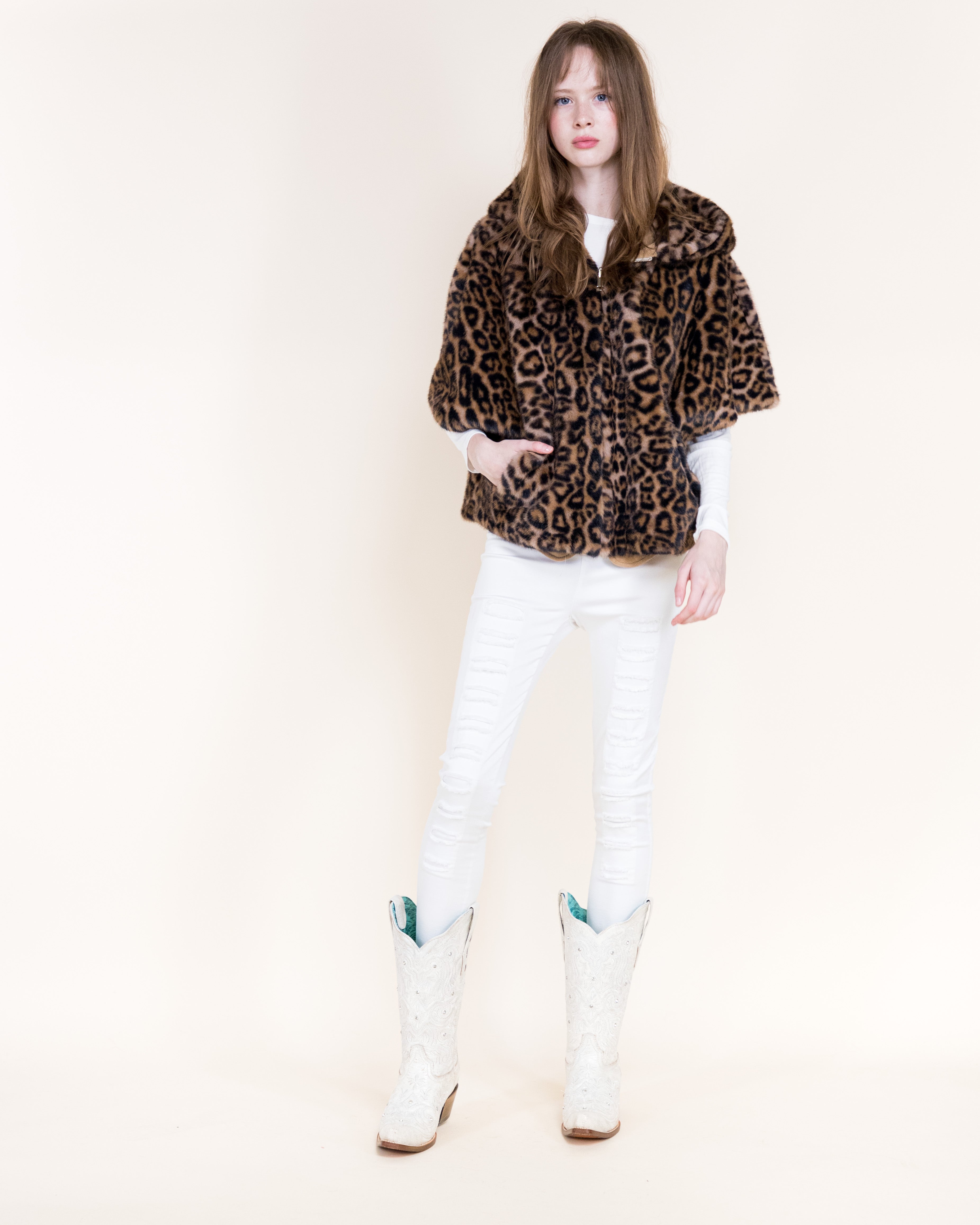 Leopard Vegan Fur Cropped Hooded Cape - GRAY (OS) (Pack of 6)