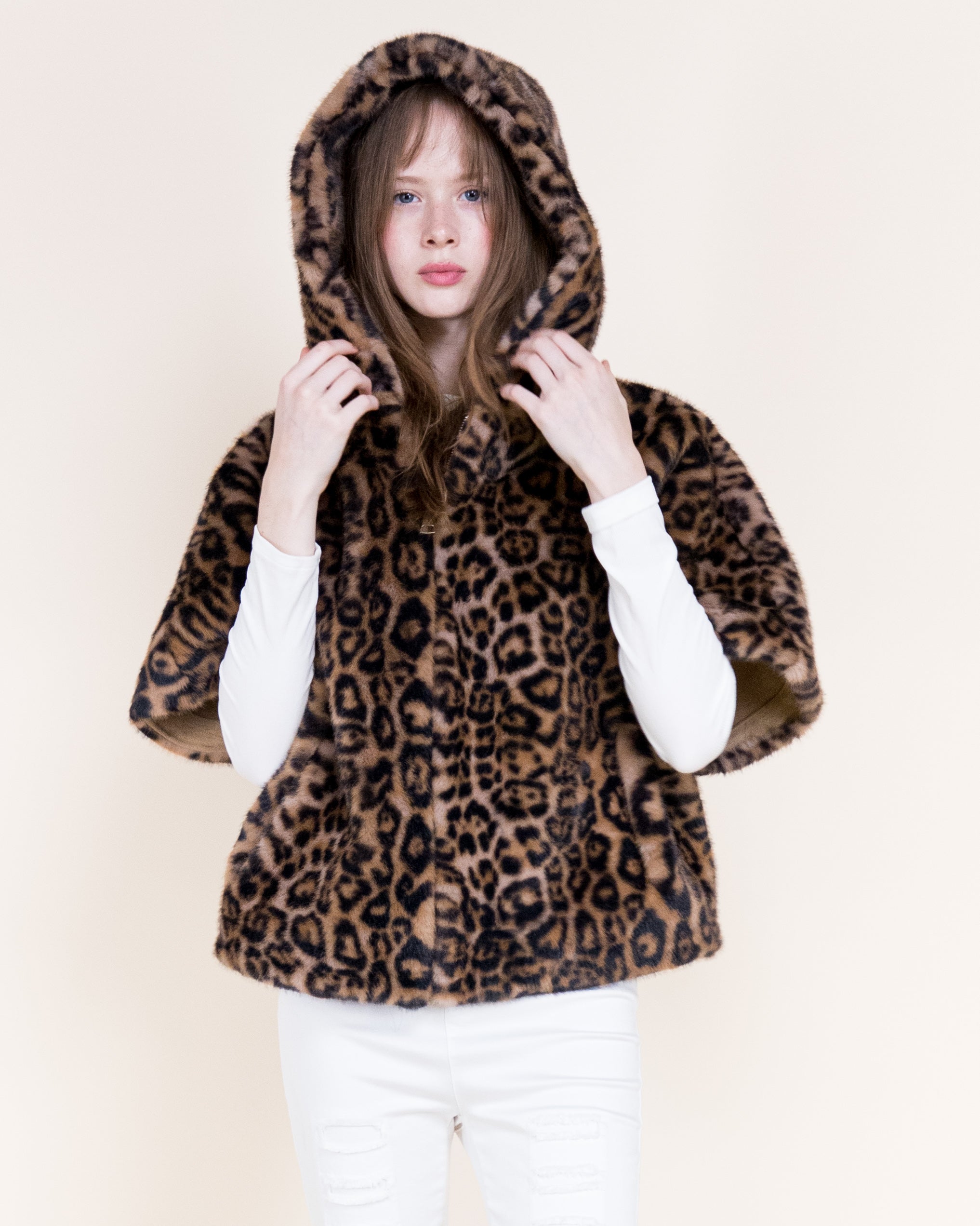 Leopard Vegan Fur Cropped Hooded Cape - GRAY (OS) (Pack of 6)
