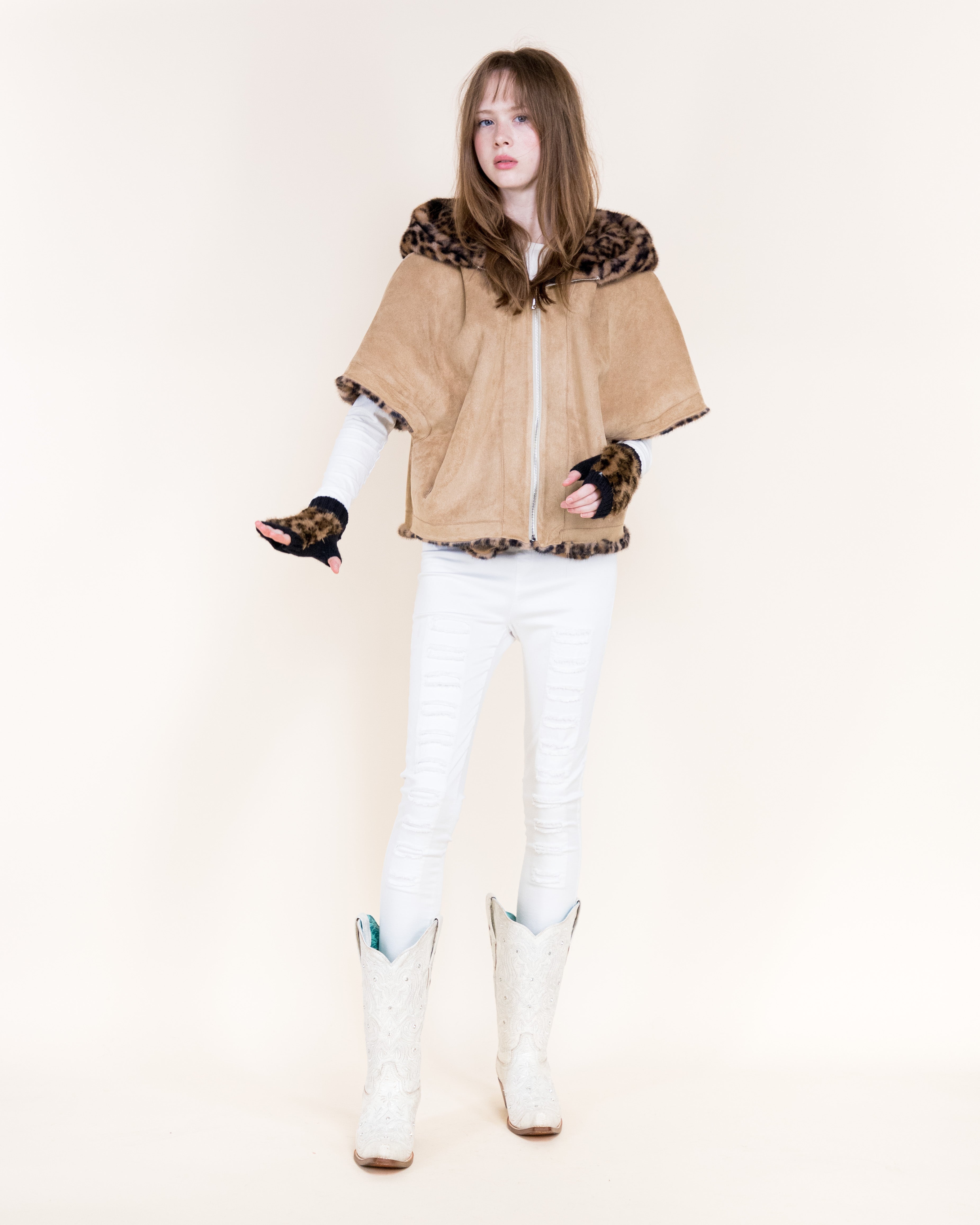 Leopard Vegan Fur Cropped Hooded Cape - GRAY (OS) (Pack of 6)