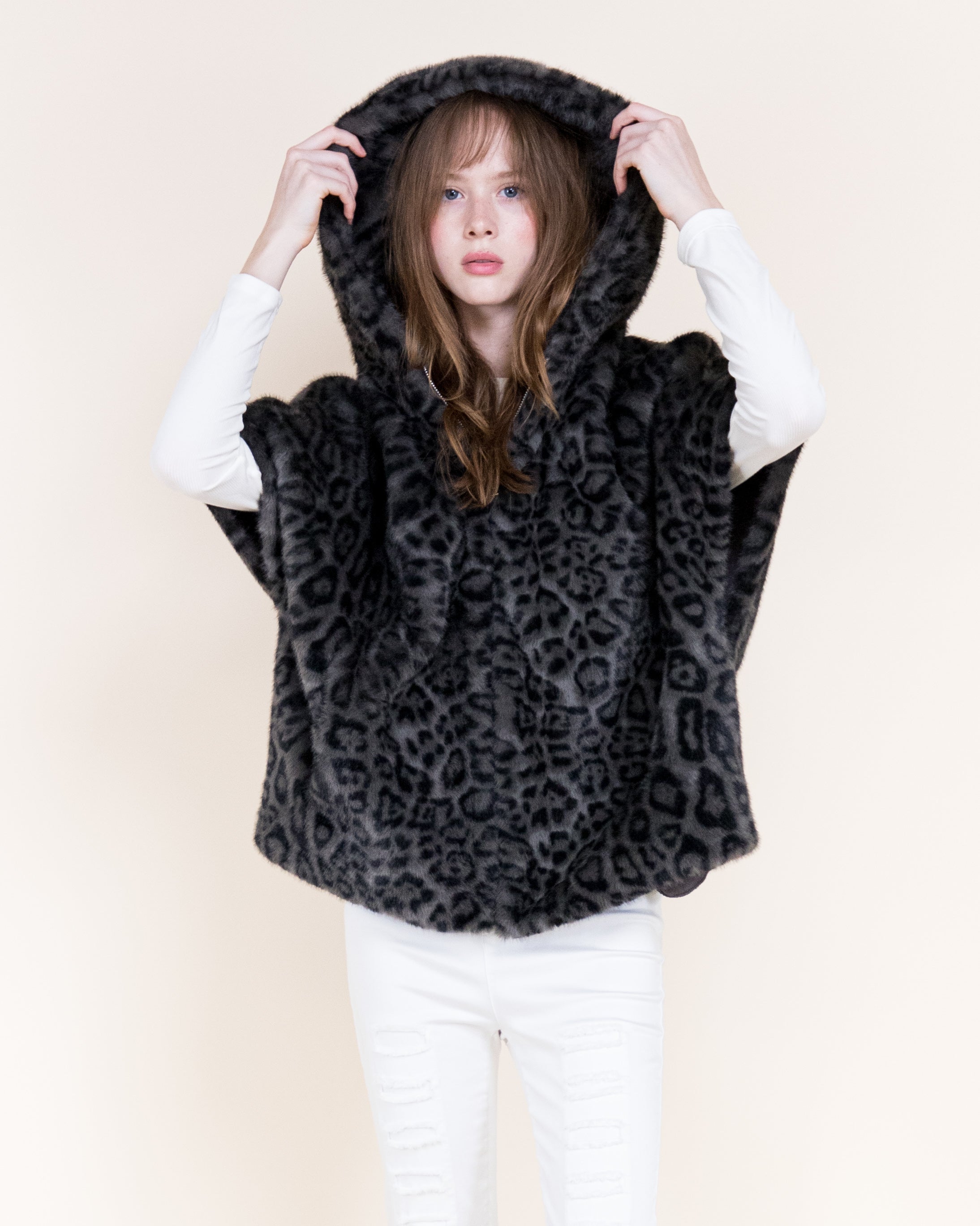 Leopard Vegan Fur Cropped Hooded Cape - GRAY (OS) (Pack of 6)