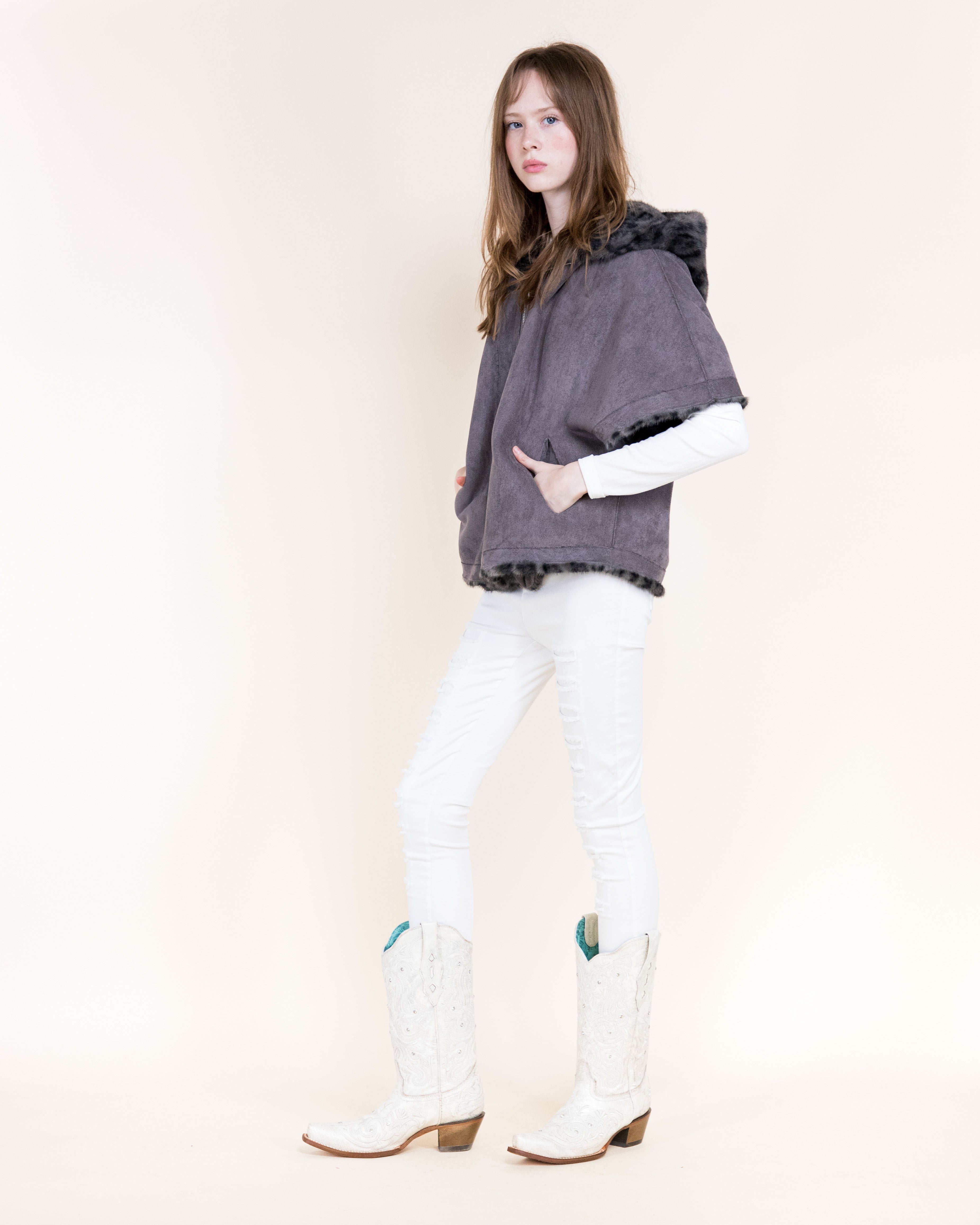 Leopard Vegan Fur Cropped Hooded Cape - GRAY (OS) (Pack of 6)
