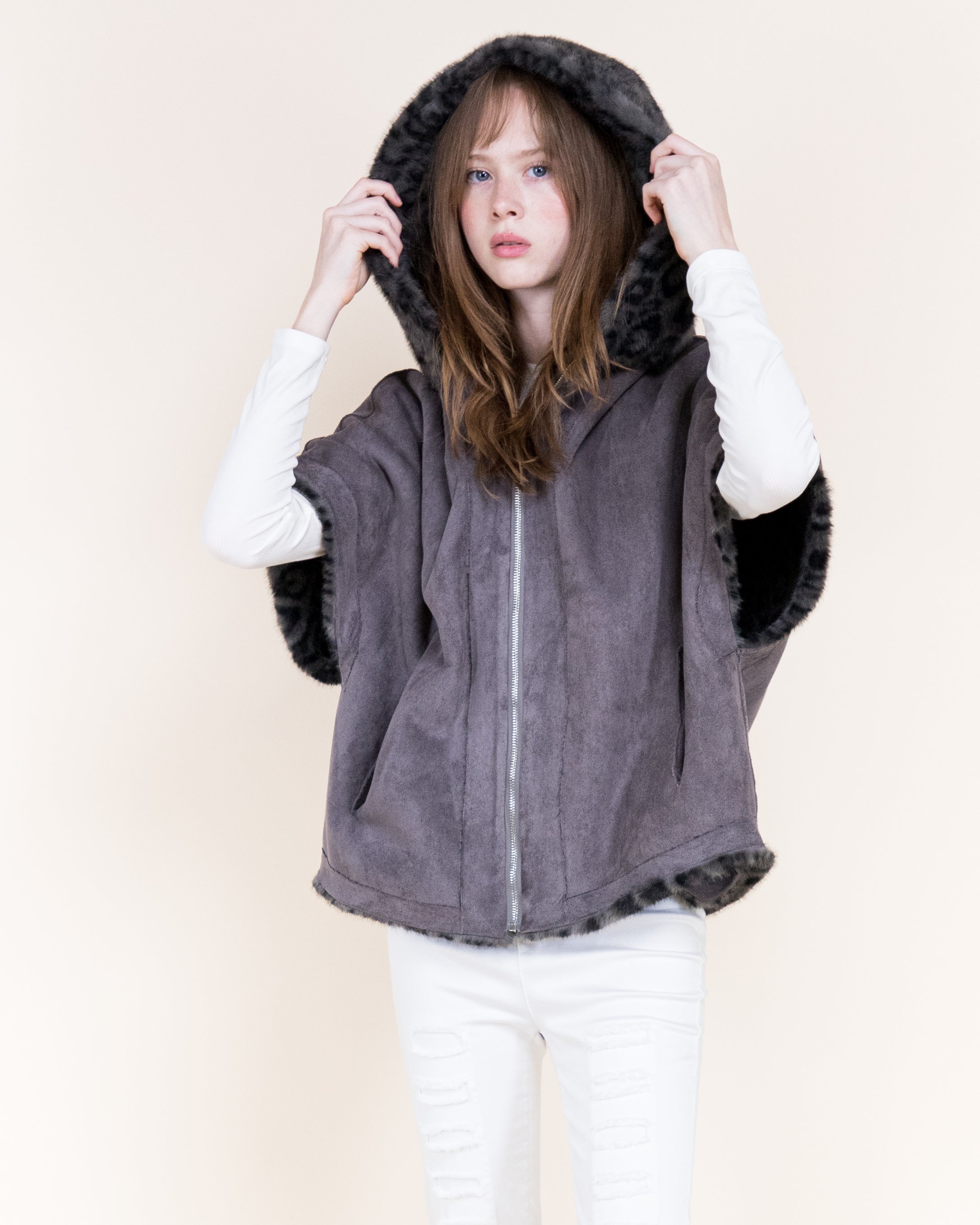 Leopard Vegan Fur Cropped Hooded Cape - GRAY (OS) (Pack of 6)