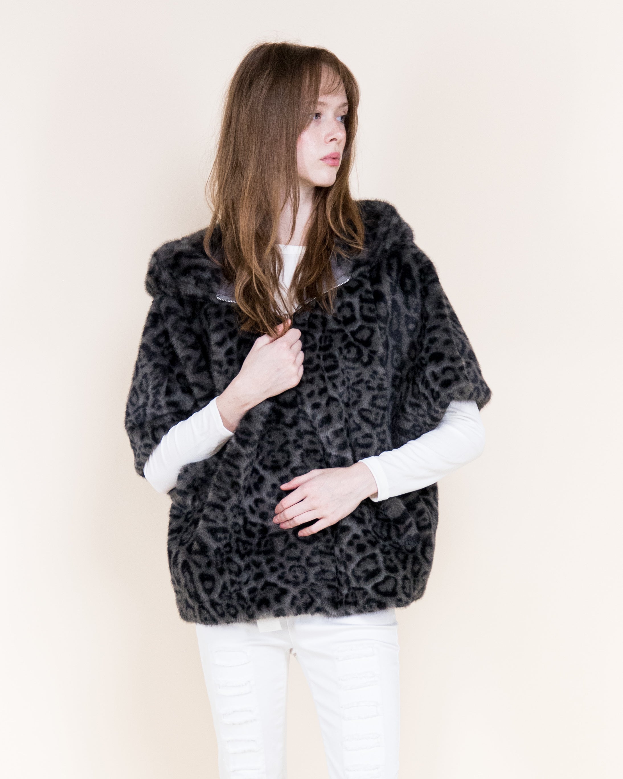 Leopard Vegan Fur Cropped Hooded Cape - GRAY (OS) (Pack of 6)
