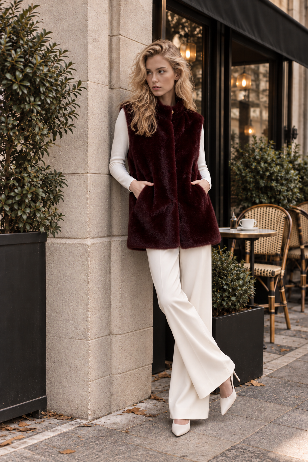 Vegan Fur Snap Button Vest - BURGUNDY (OS) (Pack of 6)