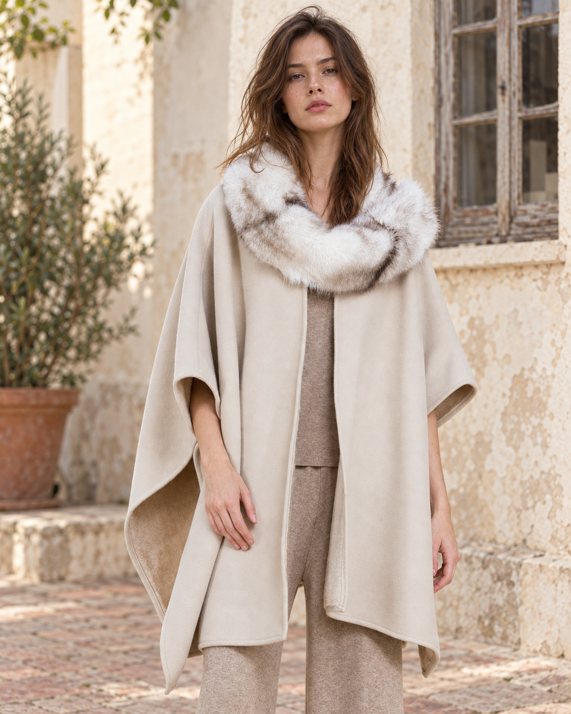 Cowl Neck Snap Closure Vegan Fur Cape - BEIGE (OS) (Pack of 6)