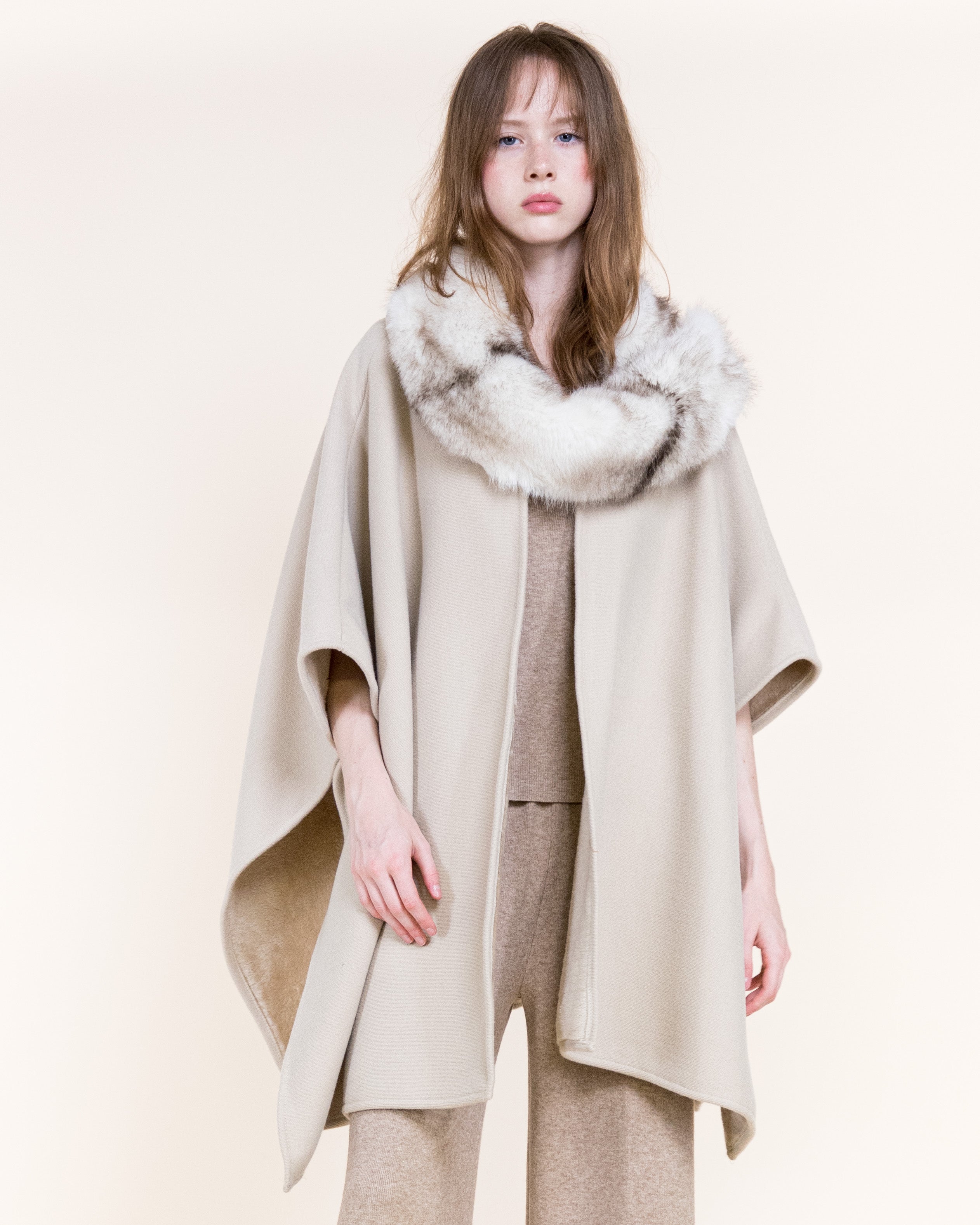 Cowl Neck Snap Closure Vegan Fur Cape - BEIGE (OS) (Pack of 6)
