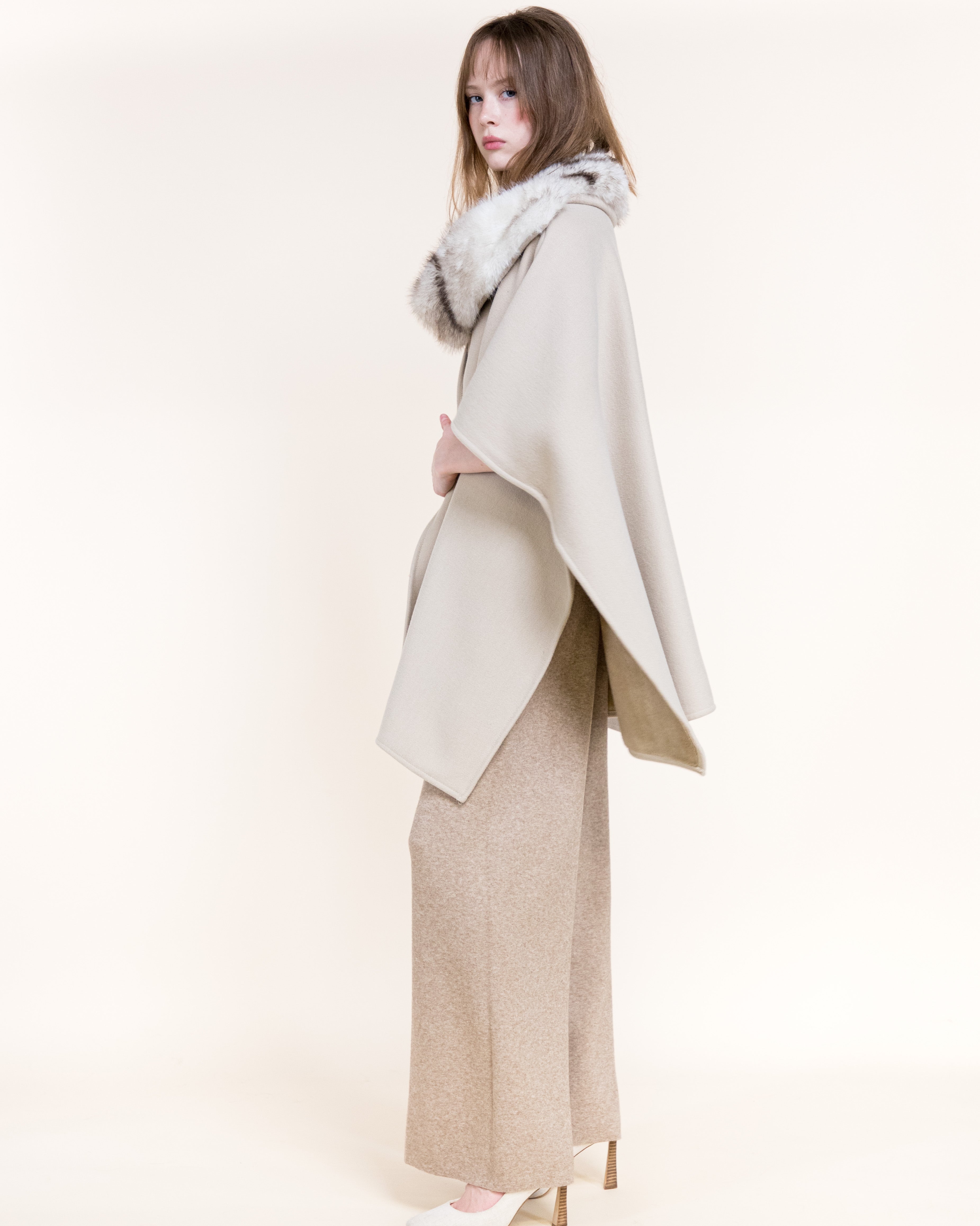Cowl Neck Snap Closure Vegan Fur Cape - BEIGE (OS) (Pack of 6)