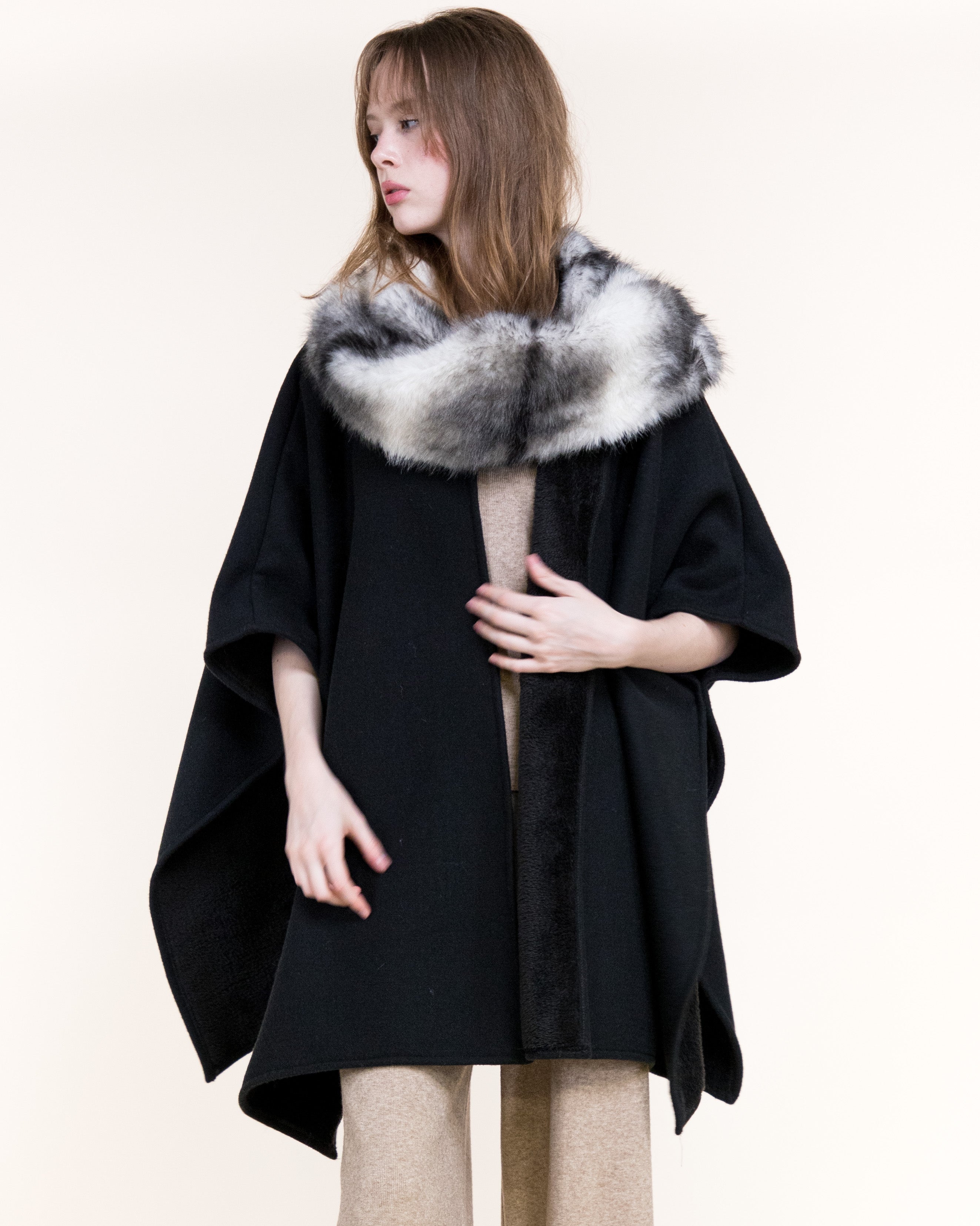 Cowl Neck Snap Closure Vegan Fur Cape - BEIGE (OS) (Pack of 6)