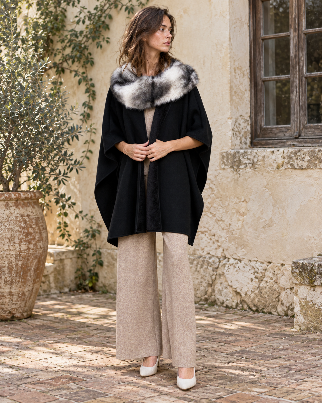 Cowl Neck Snap Closure Vegan Fur Cape - BLACK (OS) (Pack of 6)